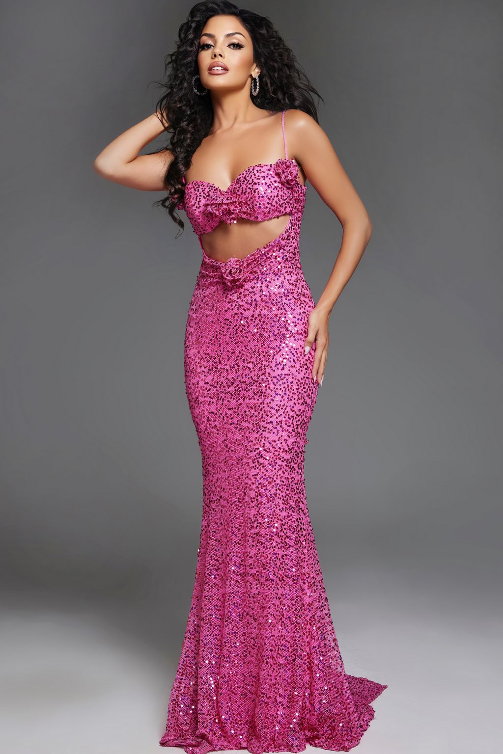 Prom Dresses Sequin Long Formal Floral Accent Prom Dress Hot-Pink