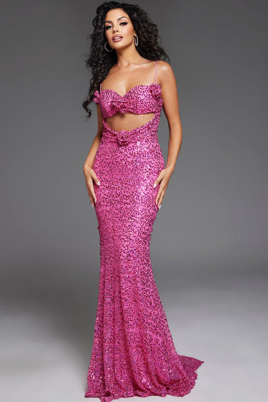 Prom Dresses Sequin Long Formal Floral Accent Prom Dress Hot-Pink