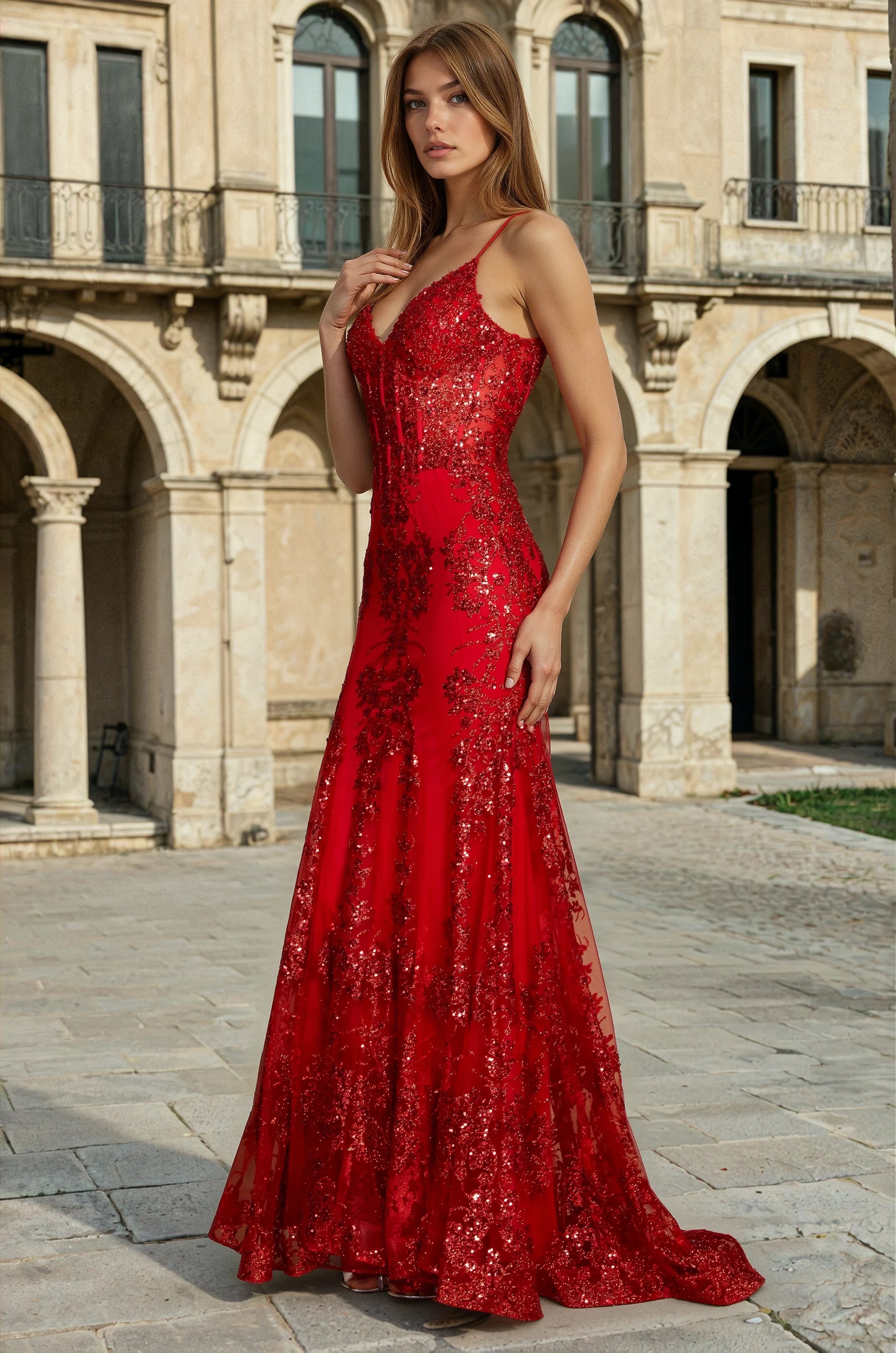 Fitted Sequins Corset Prom Dress Formal Evening Gown in Red
