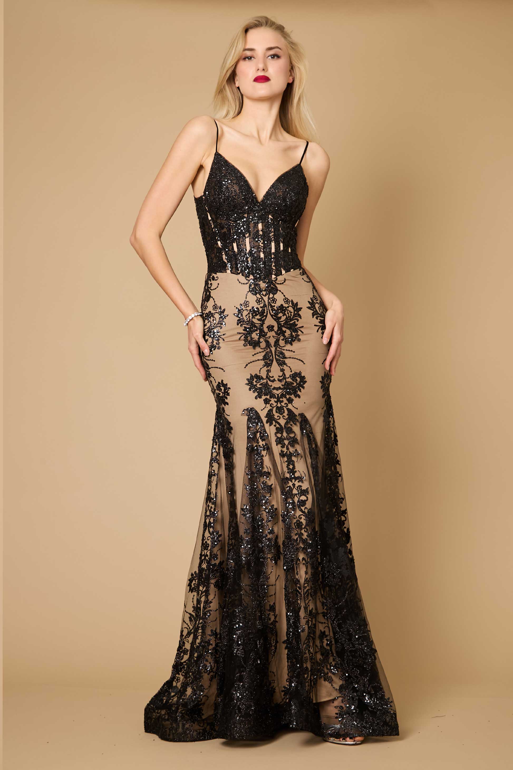 Prom Dresses Fitted Corset Long Formal Prom Dress Black Nude