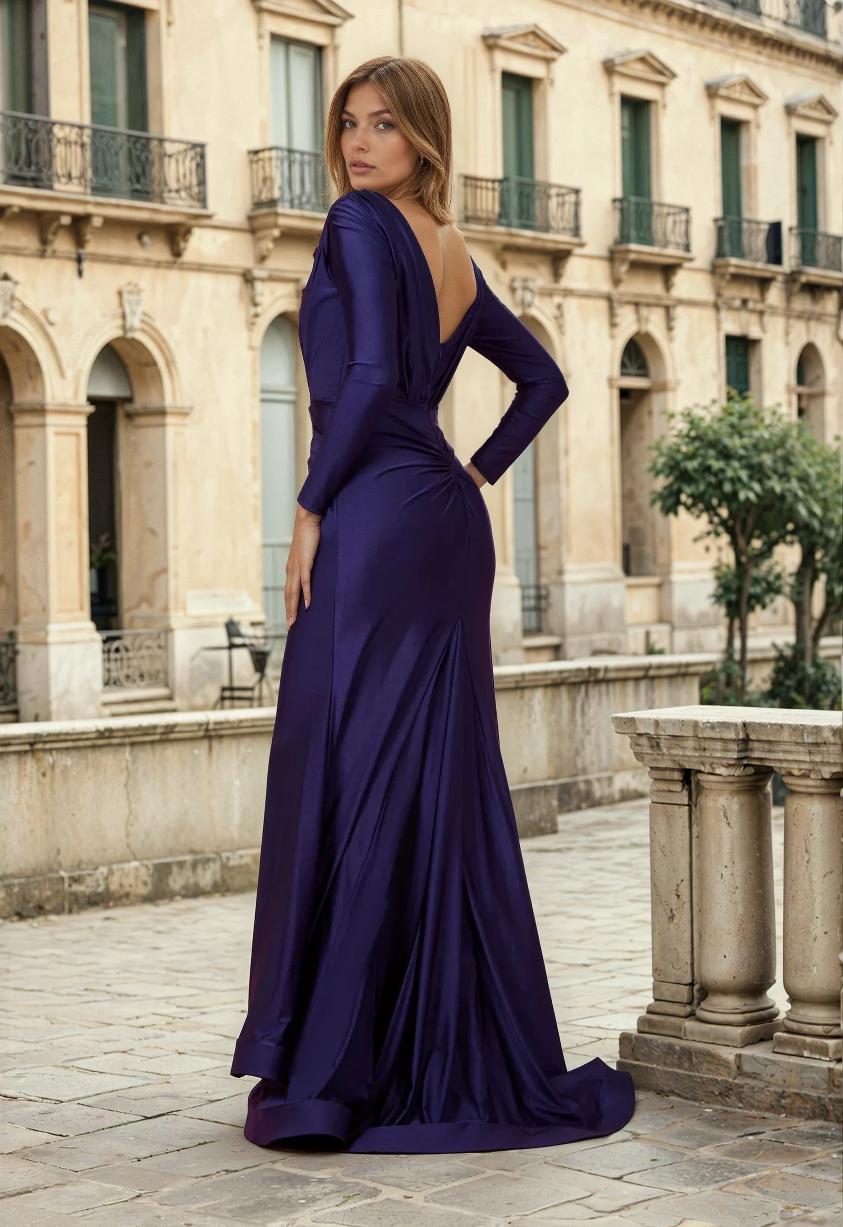 Dylan & Davids Satin Long Sleeve Formal Fitted Evening Gown
