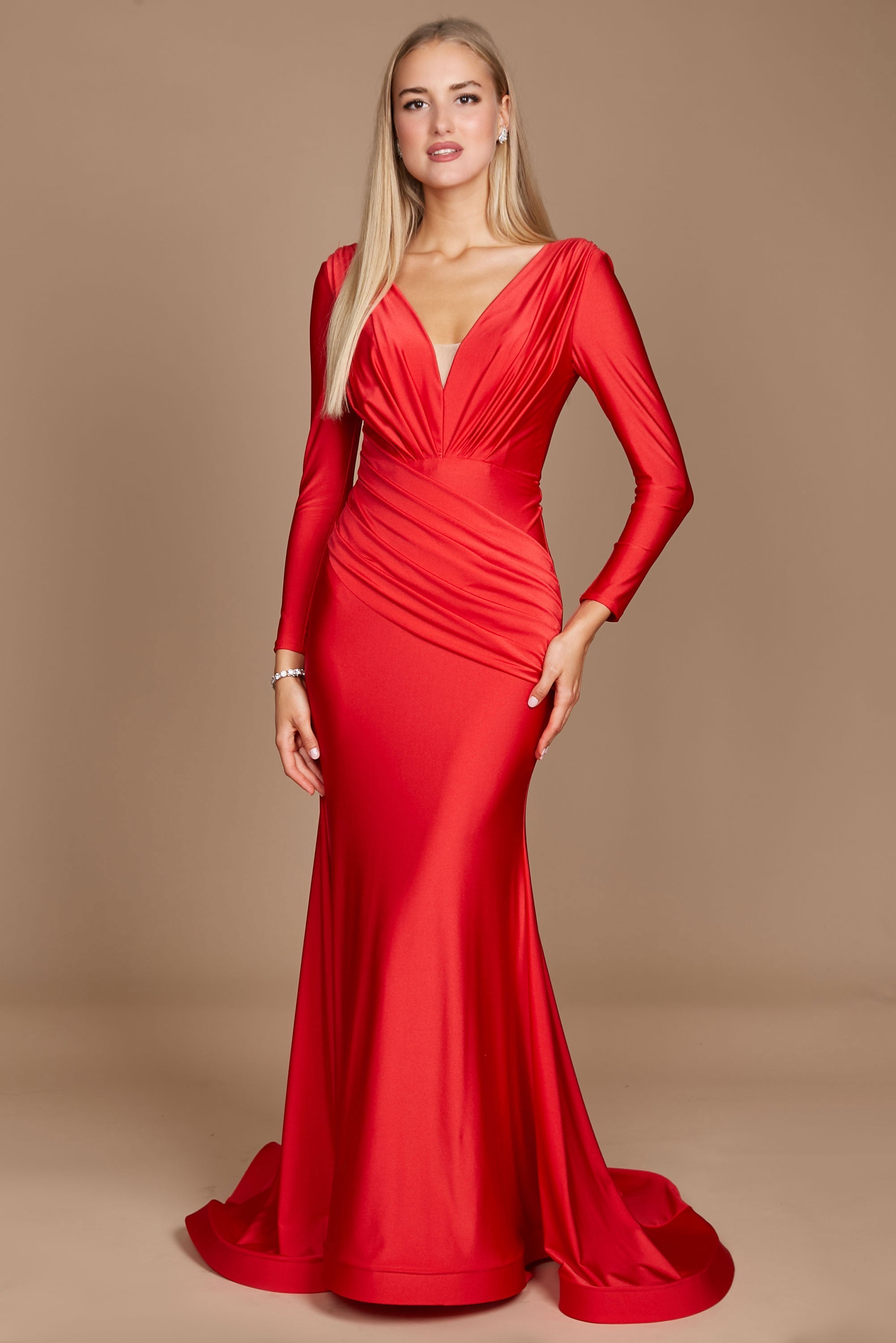 Fitted V-Neck Long Sleeve Floor-Length Sequin Prom Dress with High Sli The Dress Outlet Fitted V-Neck Long Sleeve Floor-Length Sequin Prom Dress with High Sli The Dress Outlet
