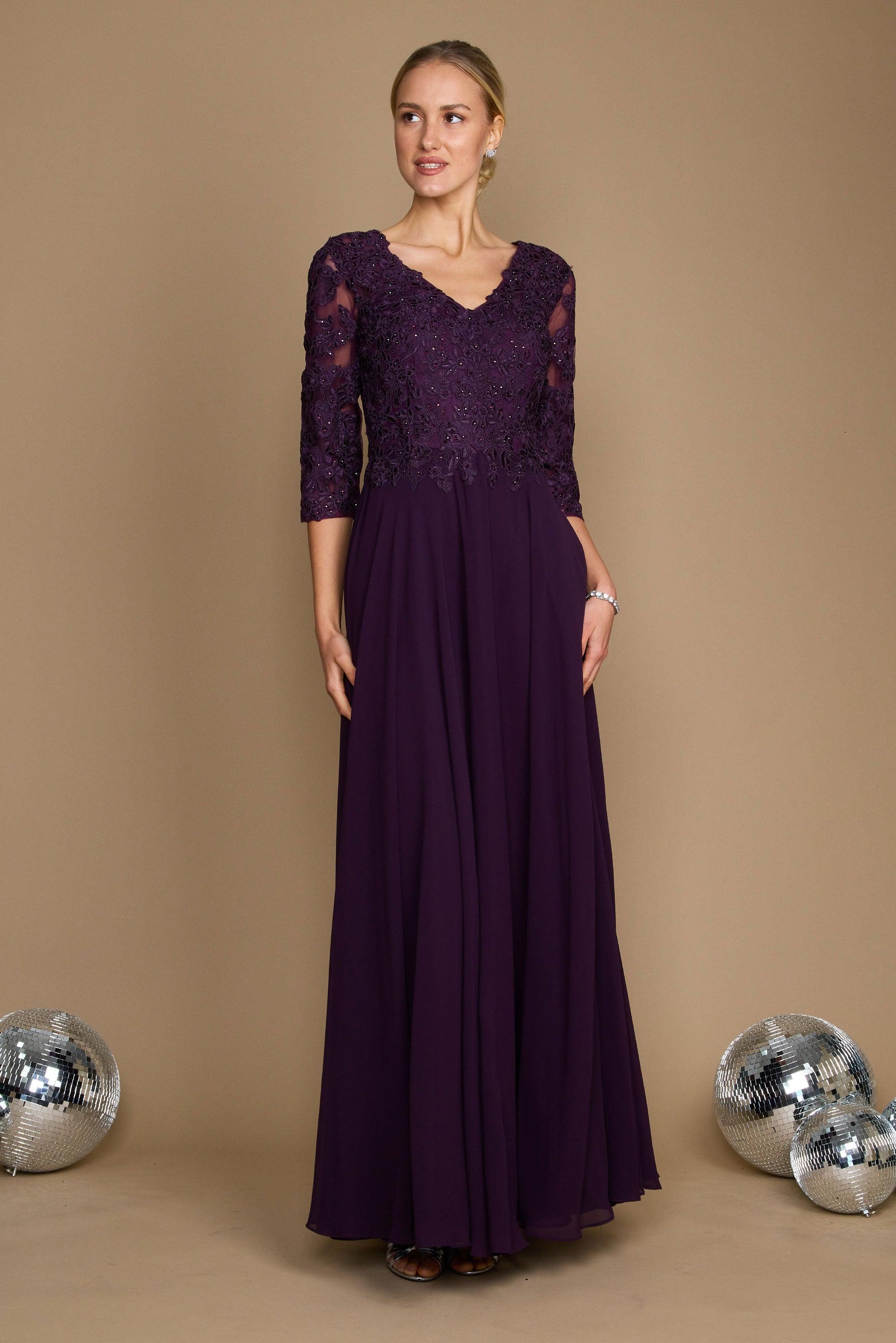 Chiffon Long Formal Mother of The Bride Dress - Hand-Beaded Bodice & V-Neckline Chiffon Long Formal Mother of The Bride Dress - Hand-Beaded Bodice & V-Neckline