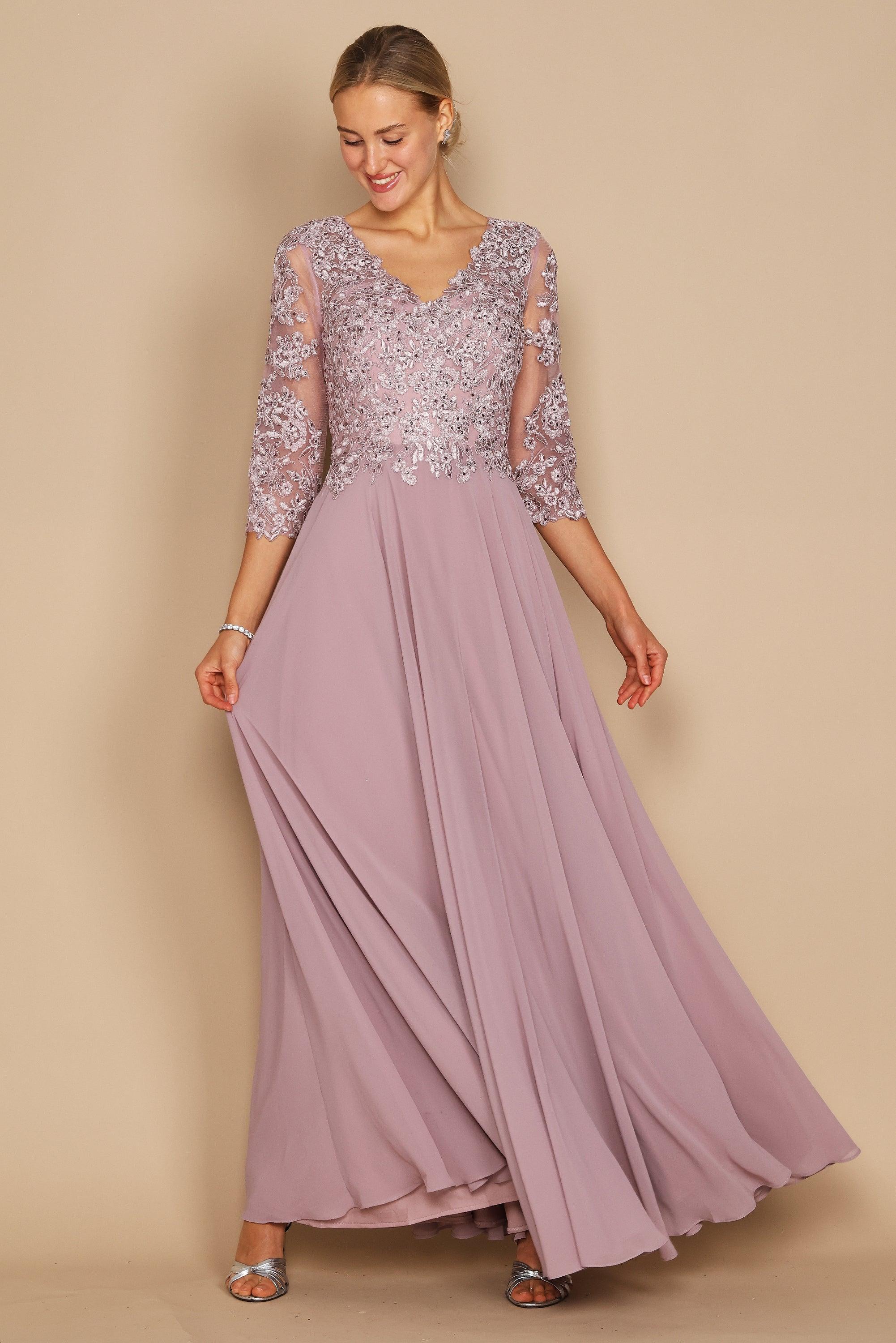 Chiffon Long Formal Mother of the Bride Dress - Hand-Beaded Bodice & V-Neckline Chiffon Long Formal Mother of the Bride Dress - Hand-Beaded Bodice & V-Neckline