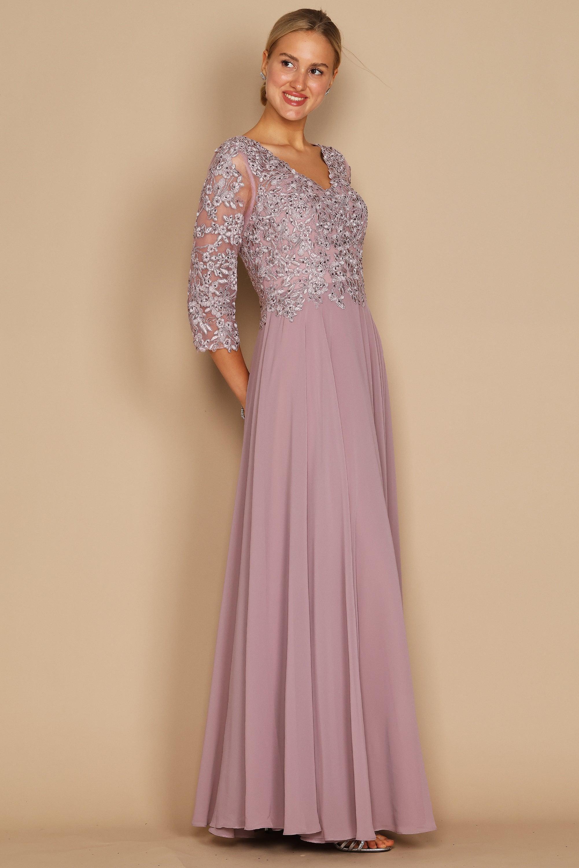 Chiffon Long Formal Mother of The Bride Dress - Hand-Beaded Bodice & V-Neckline