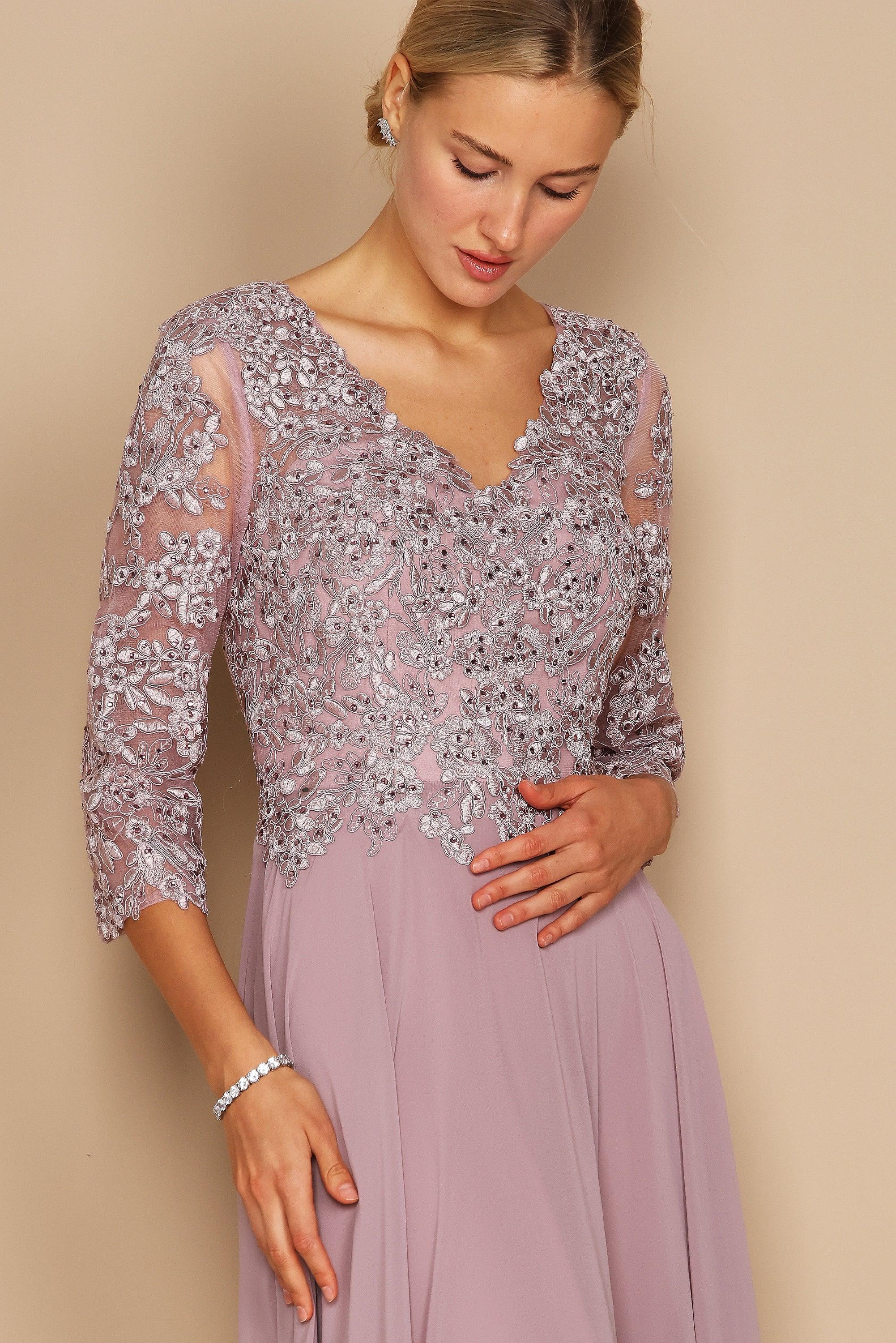 Chiffon Long Formal Mother of the Bride Dress - Hand-Beaded Bodice & V-Neckline Chiffon Long Formal Mother of the Bride Dress - Hand-Beaded Bodice & V-Neckline