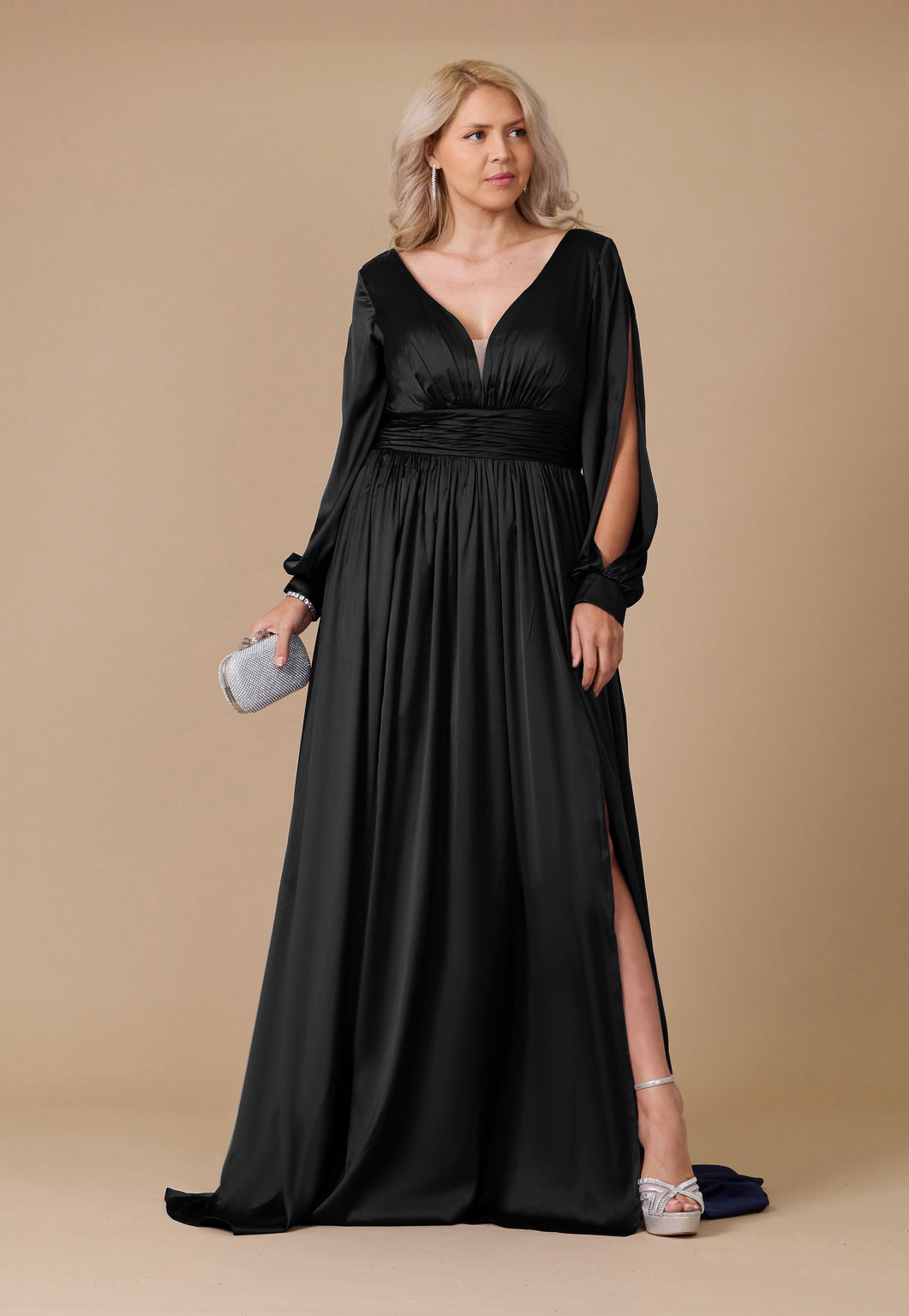 Long Open Sleeve Satin Formal Mother of the Bride Dress