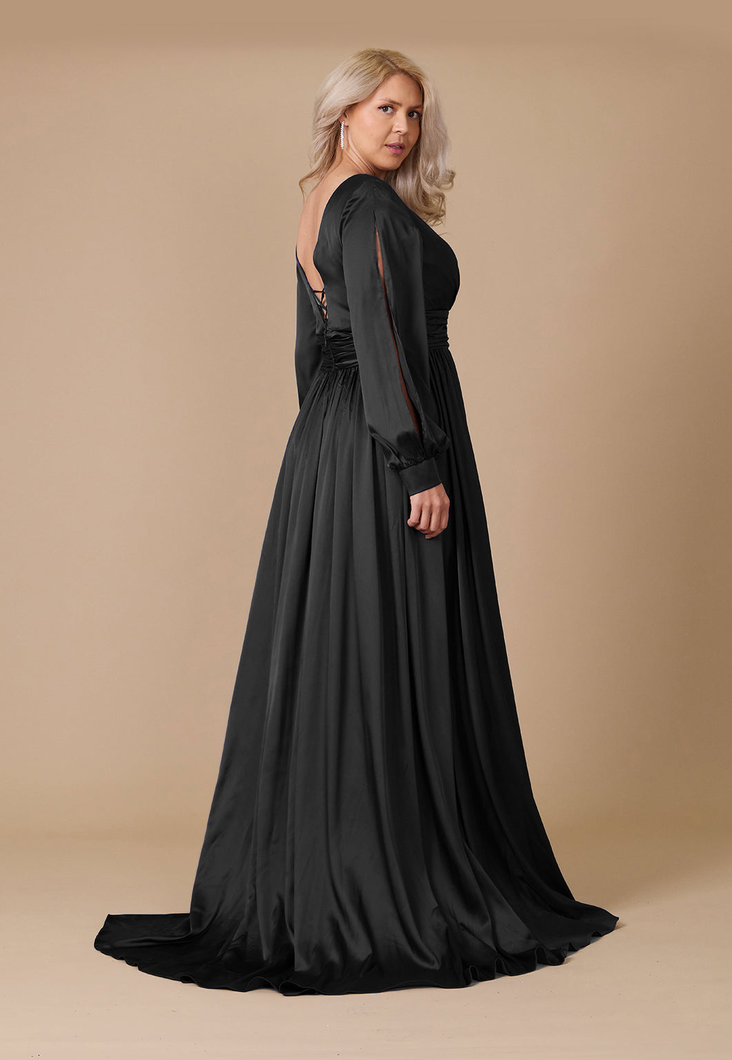 Long Open Sleeve Satin Formal Mother of the Bride Dress