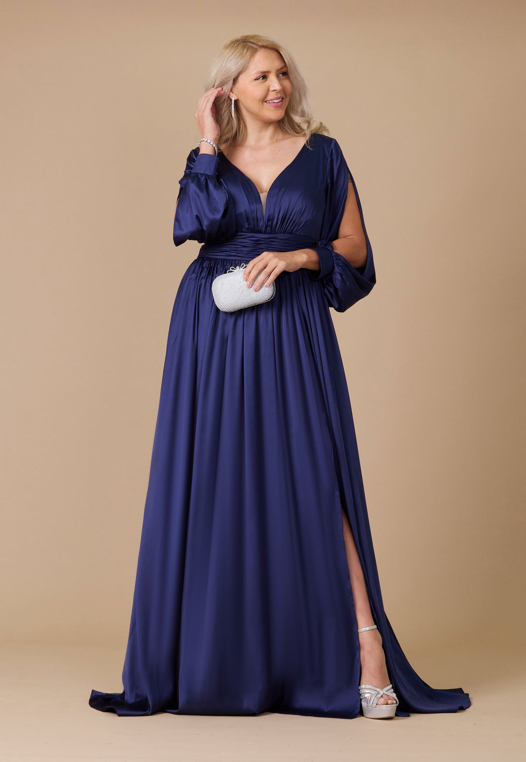 Long Open Sleeve Satin Formal Mother of the Bride Dress