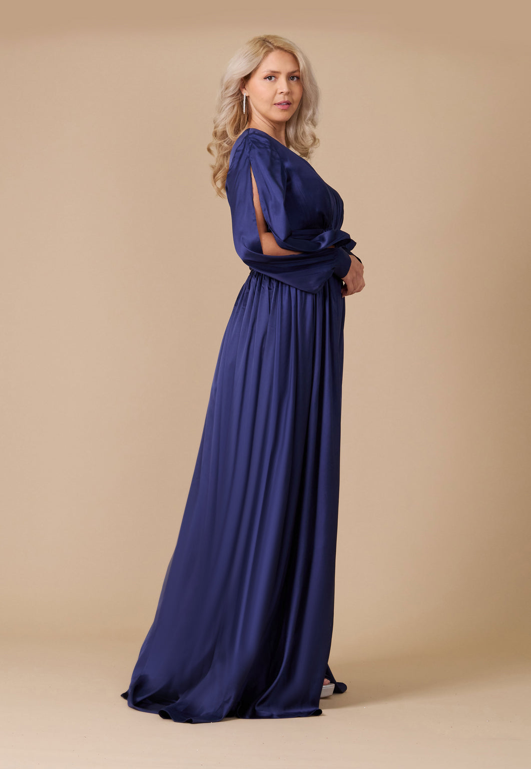 Long Open Sleeve Satin Formal Mother of the Bride Dress