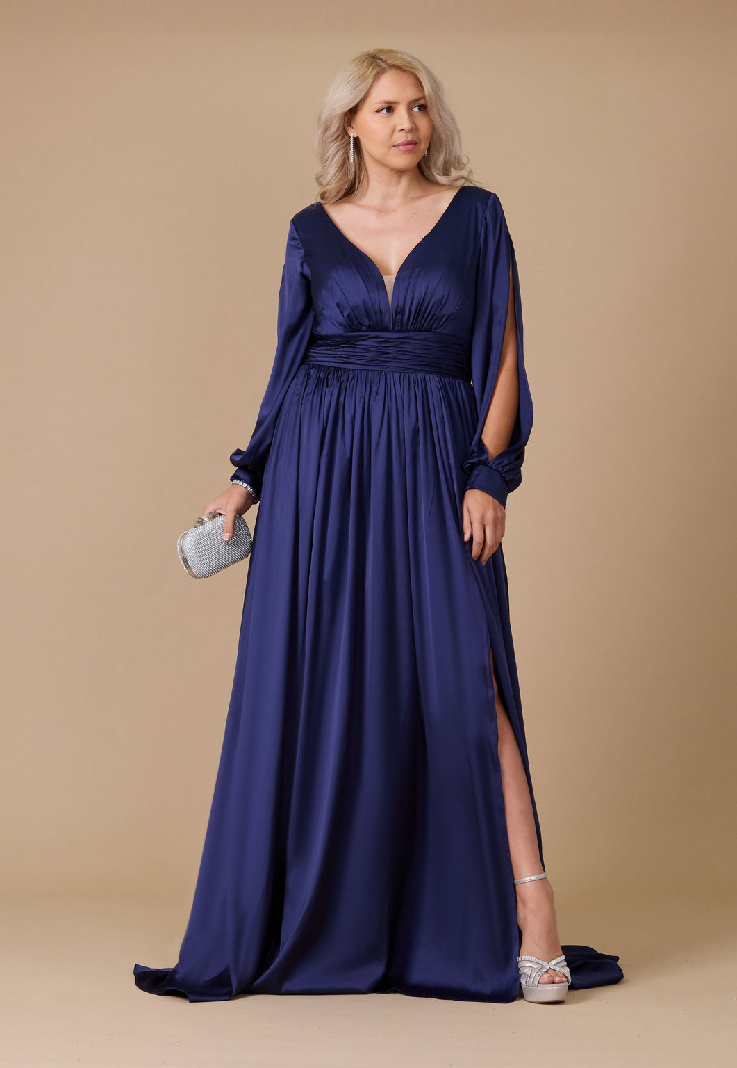 Long Open Sleeve Satin Formal Mother of the Bride Dress