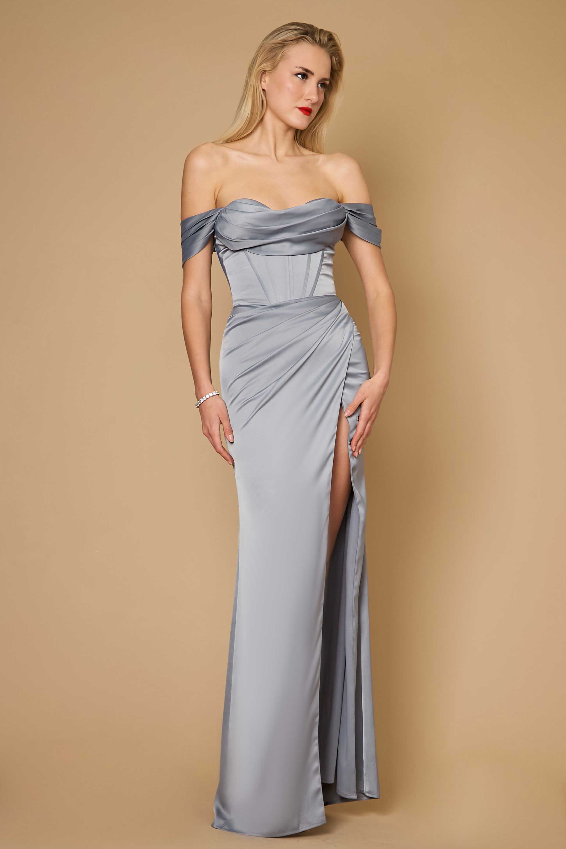 Formal Dresses Long Formal Corset Satin Evening Dress Silver