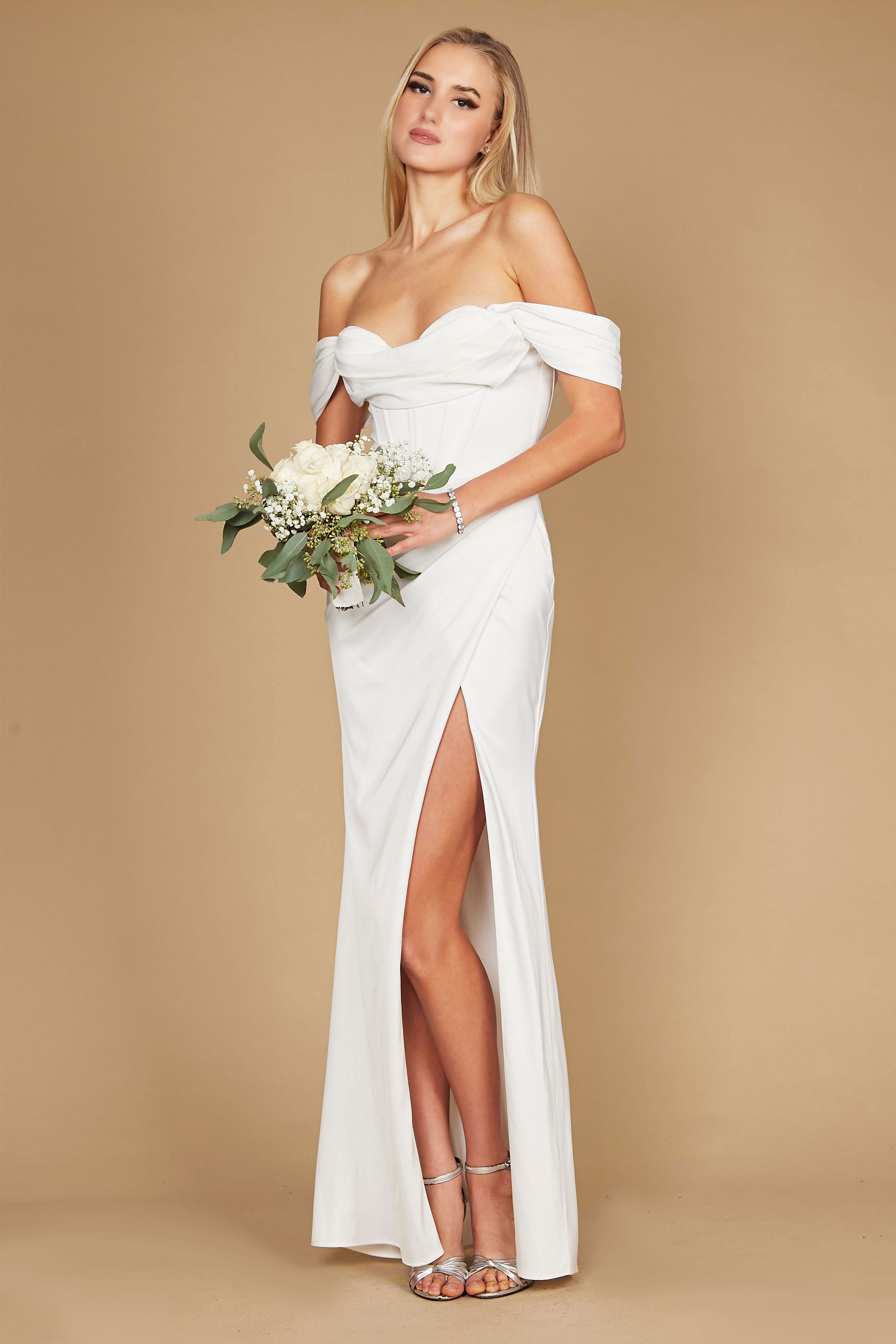 Long Corset Satin Wedding Dress Off White