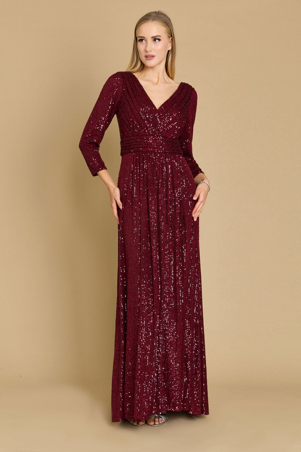 Formal Dresses Long Sleeve Sequin Formal Beaded Dress Burgundy