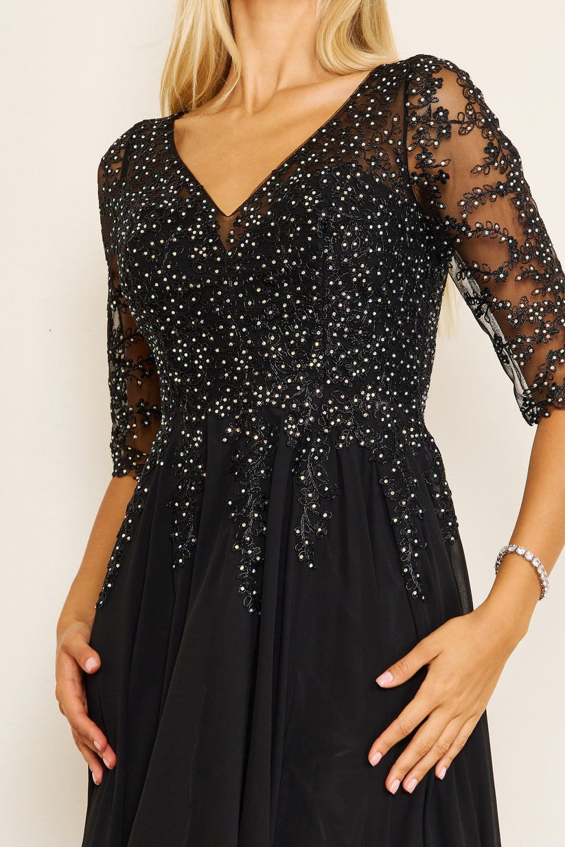 4610749 Black-Silver Slit Chiffon Sleeve Dress main image 1