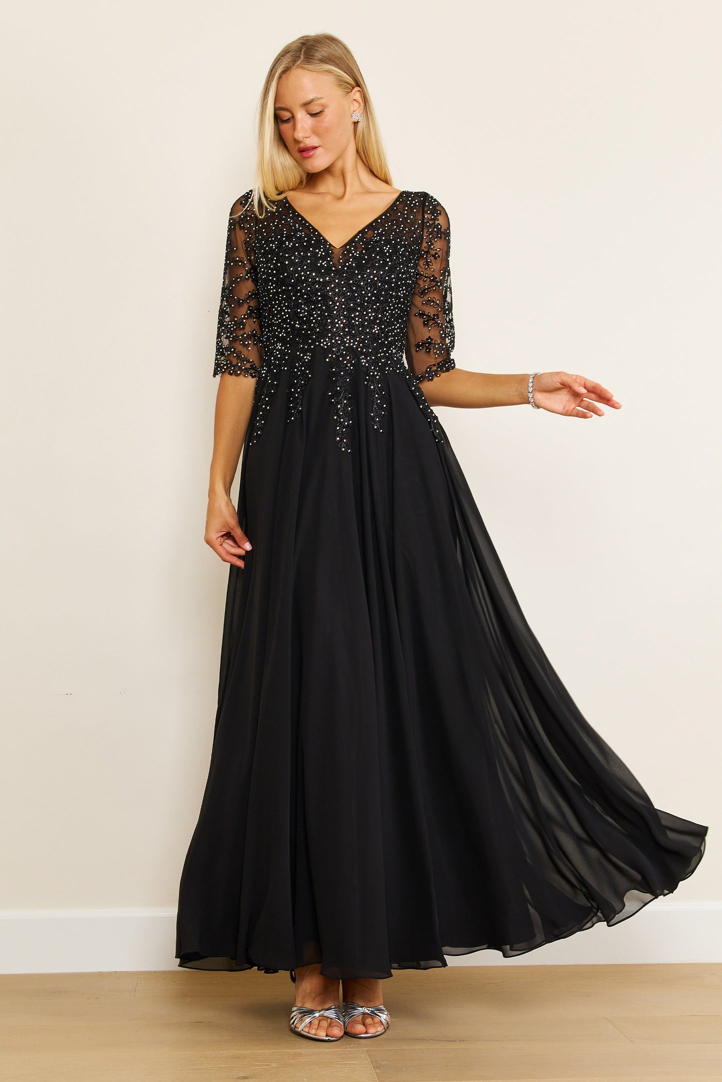 Mother of the Bride Dresses Long Sleeve Chiffon Formal Evening Dress Black
