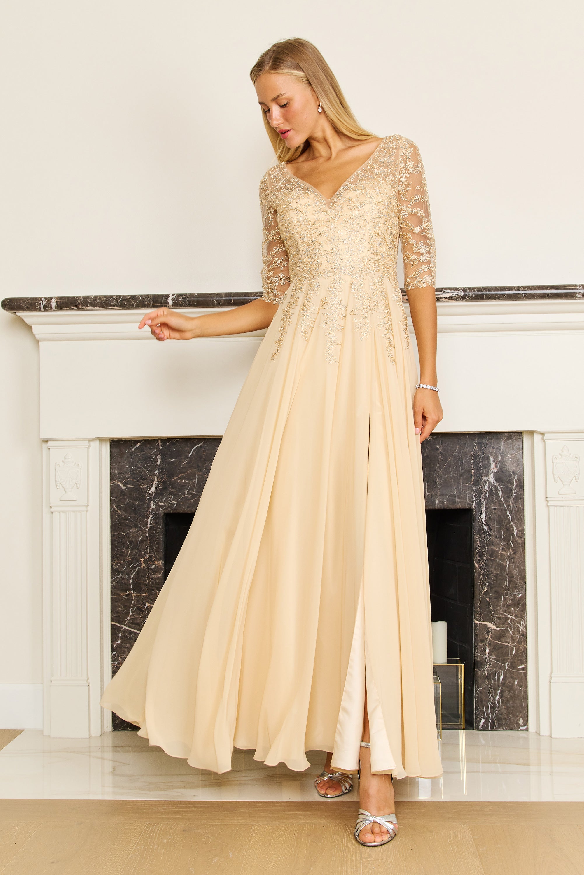 Mother of the Bride Dresses Long Sleeve Chiffon Formal Evening Dress Gold