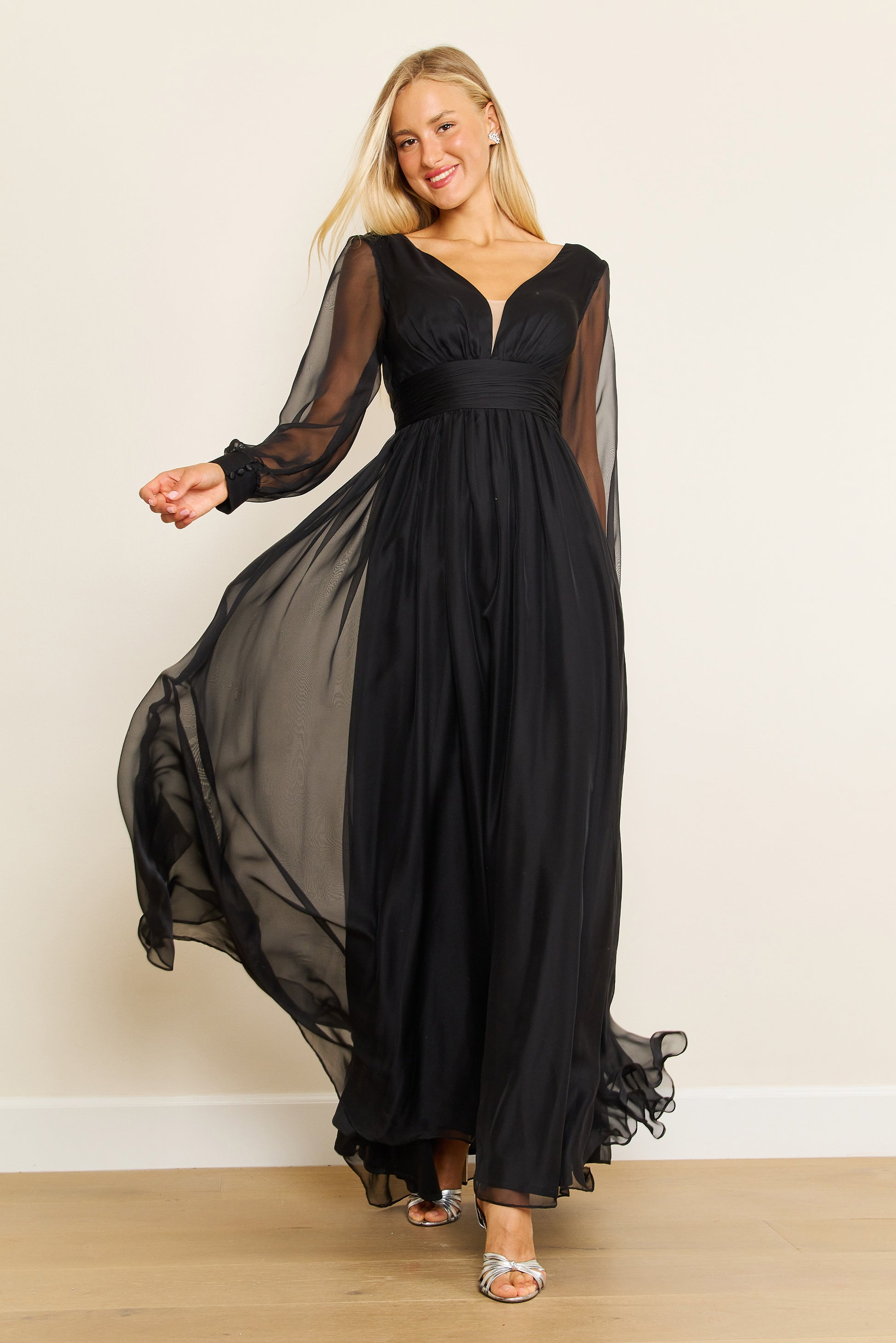 Long Sleeve Chiffon Black Formal Dress