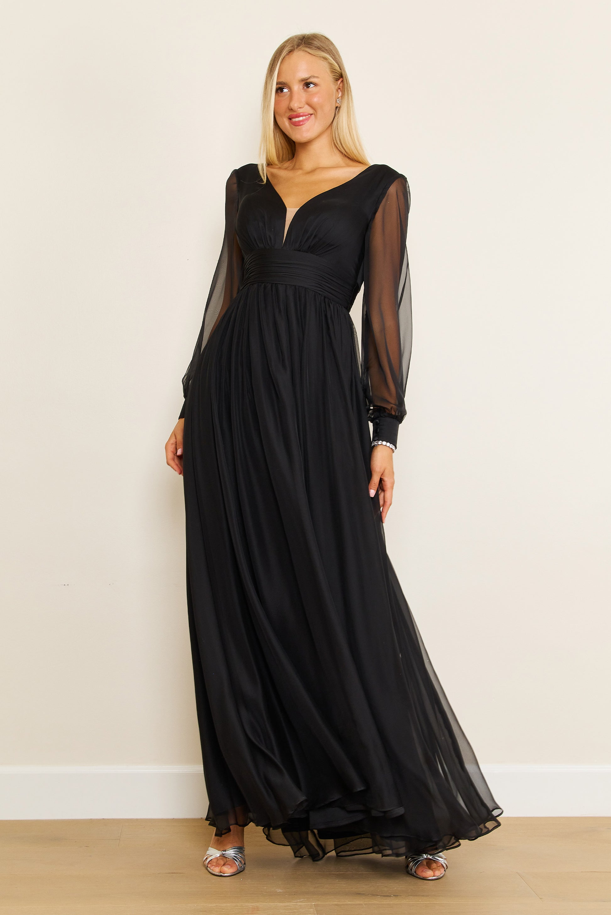 Long Sleeve Chiffon Black Formal Dress