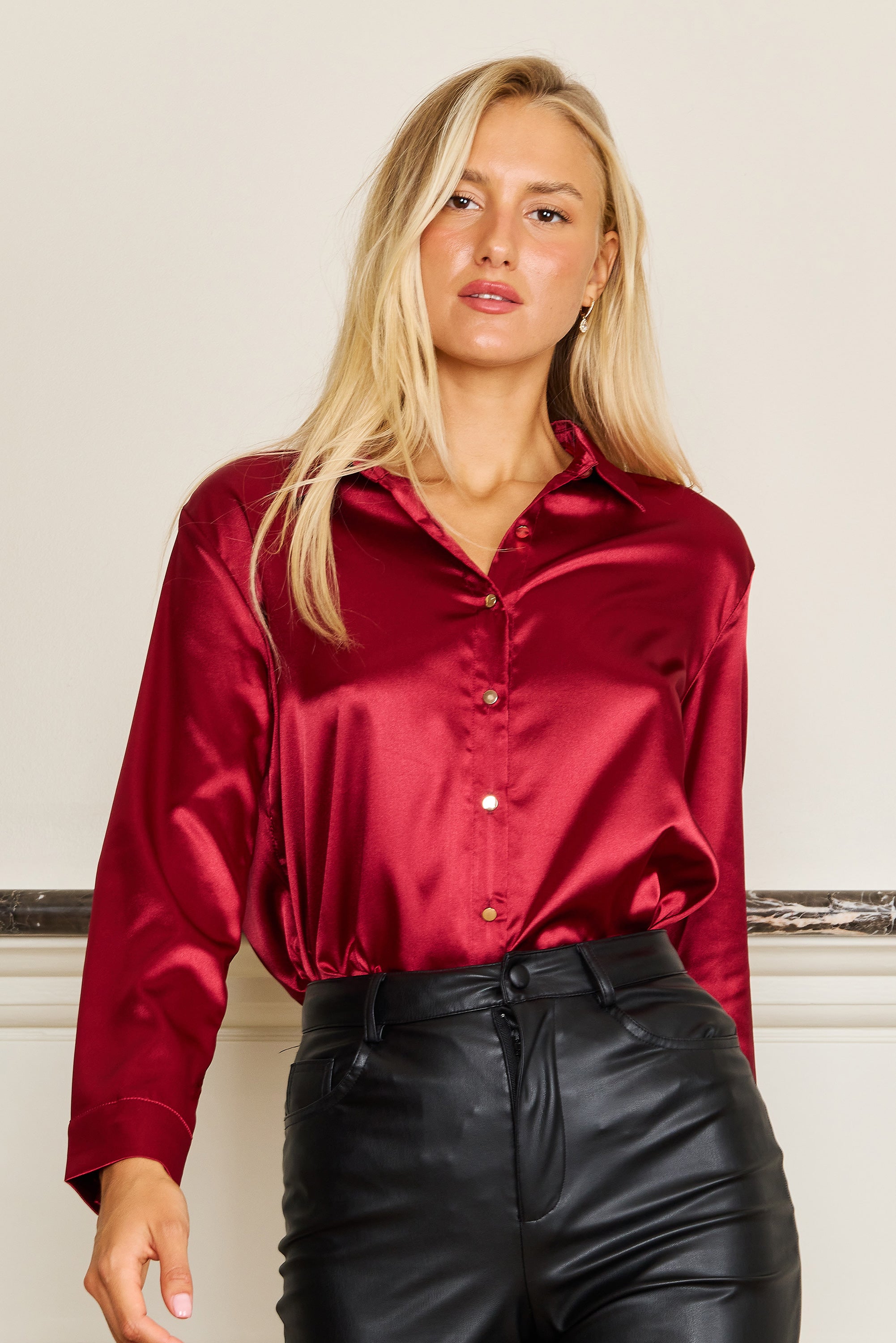 Top Formal Satin Long Sleeve Button Down Blouse Top Burgundy