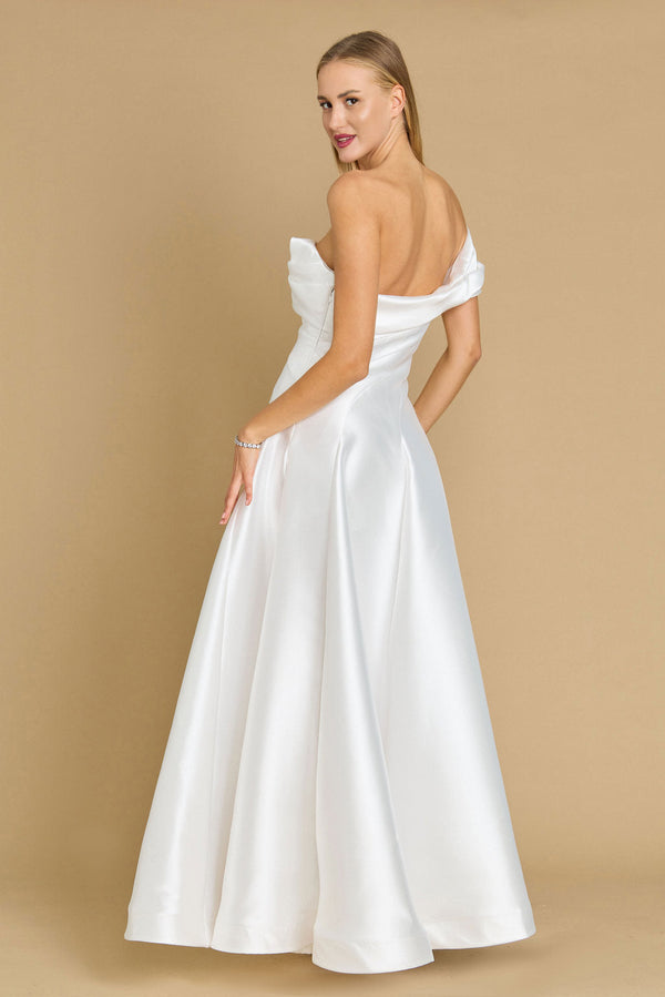 A stunning off-white one shoulder long formal ball gown, elegantly draping to the floor, perfect for evening events.