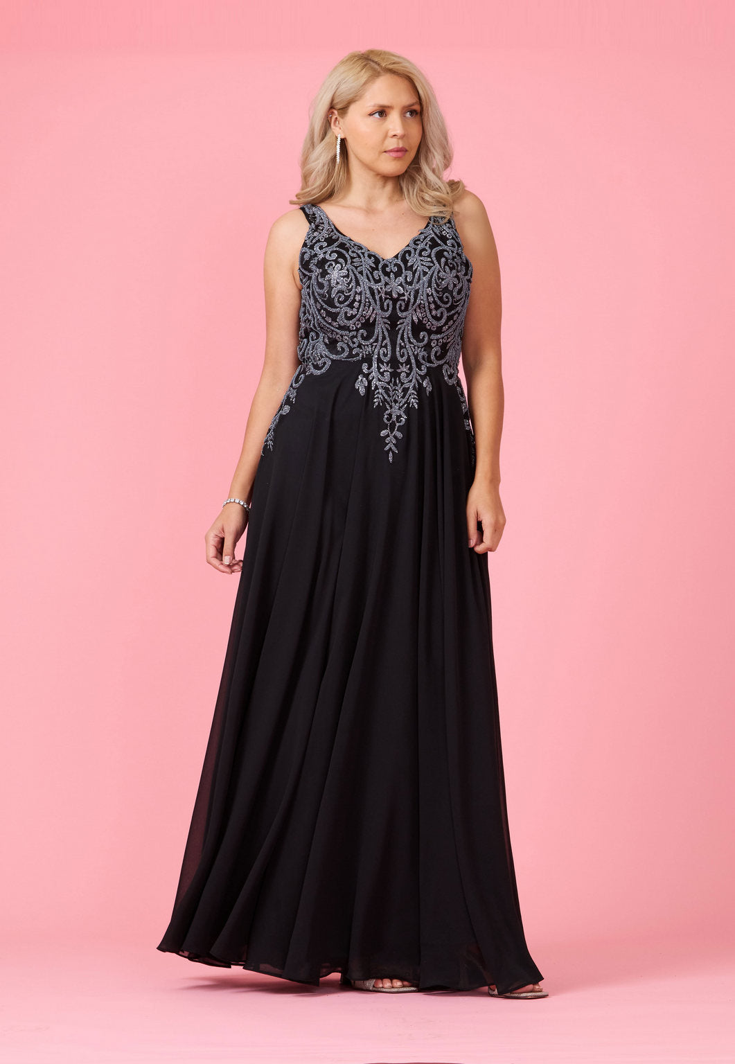 Black/Silver Long Formal Party Dress Plus Size Black Tie