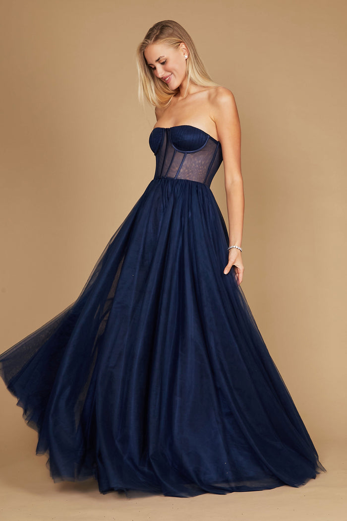 A stunning navy corset prom party dress featuring intricate detailing, designed for formal occasions, with a flowing ball gown silhouette that exudes elegance and sophistication.