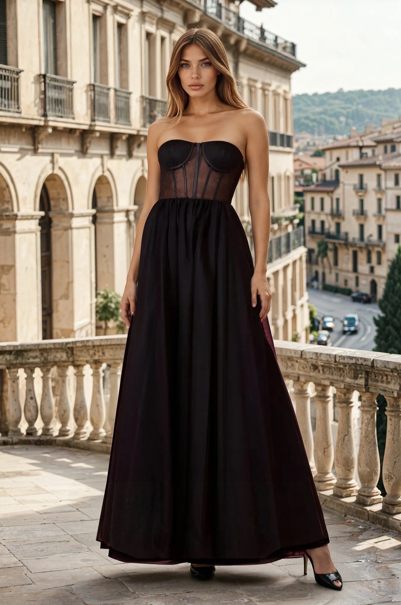 Elegant woman wearing a strapless black corset evening gown with a sheer bodice and full A-line skirt, posing on a balcony overlooking classic European architecture