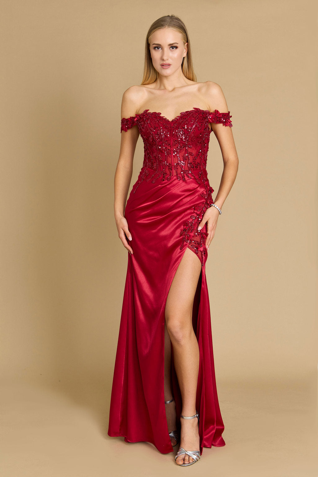 Satin Fitted Corset Off the Shoulder Formal Prom Dress