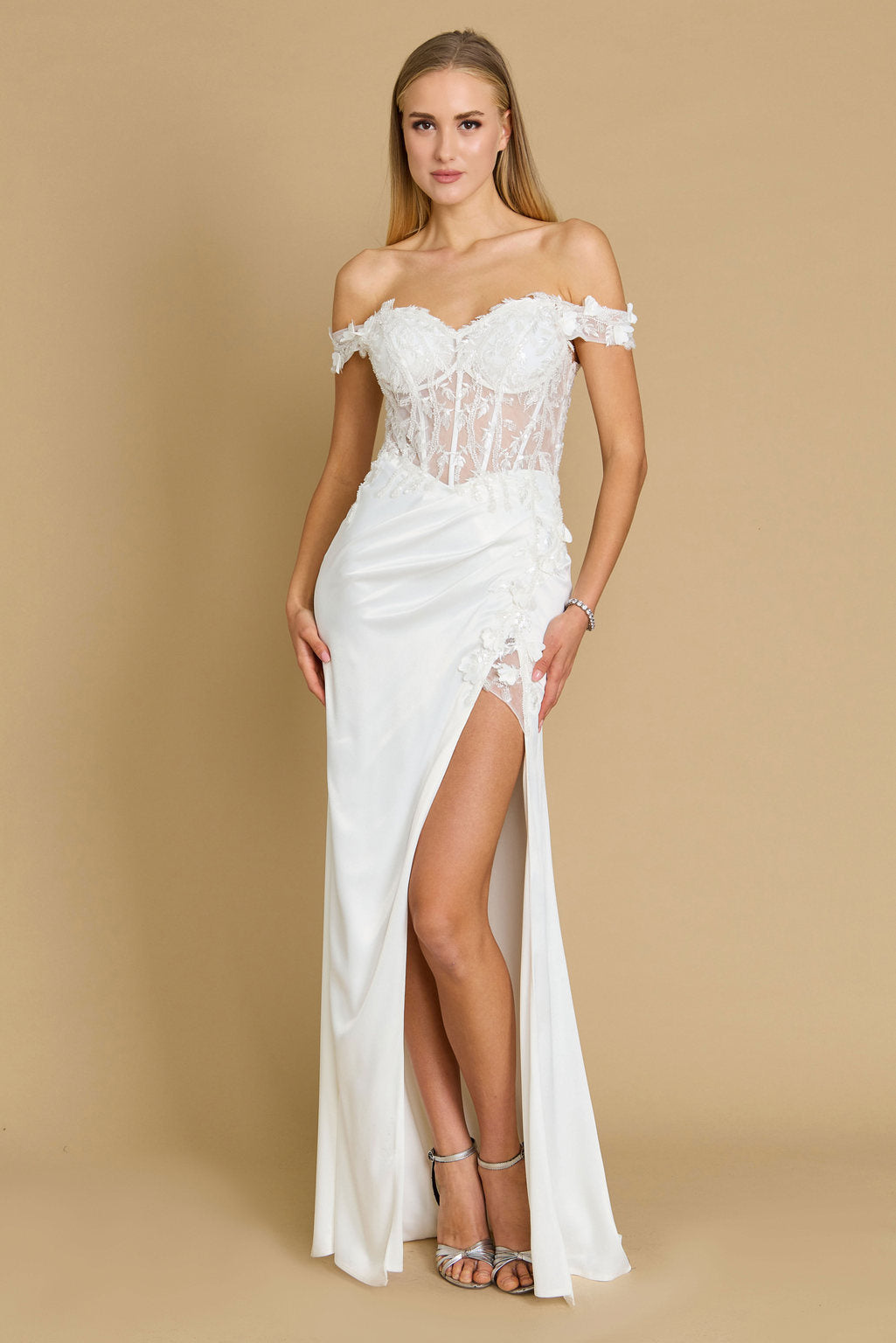 Wedding Dresses Long Off Shoulder Fitted Corset Wedding Dress Ivory