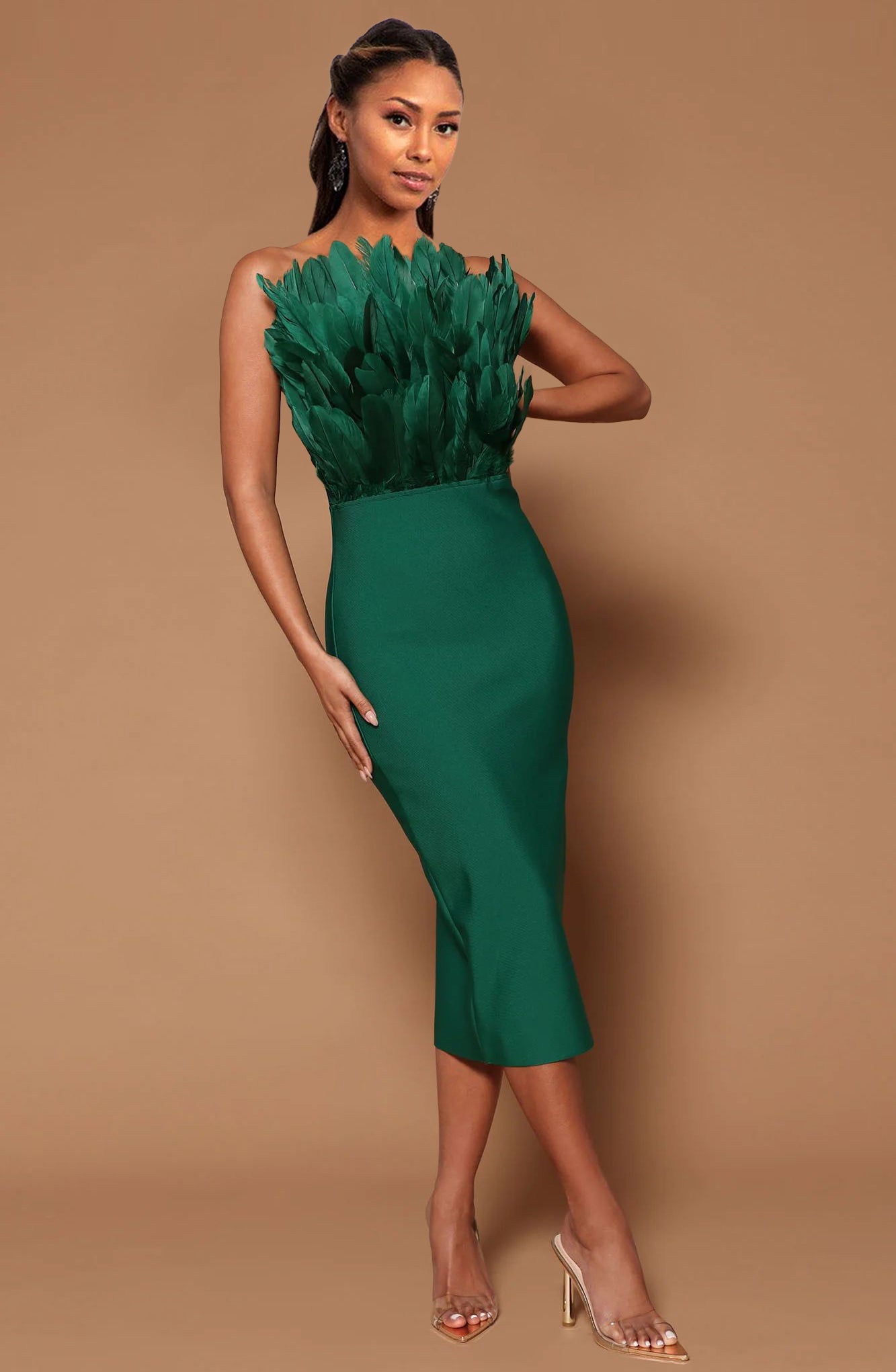 Cocktail Dresses Bodycon Bandage Short Feather Formal Cocktail Dress Green