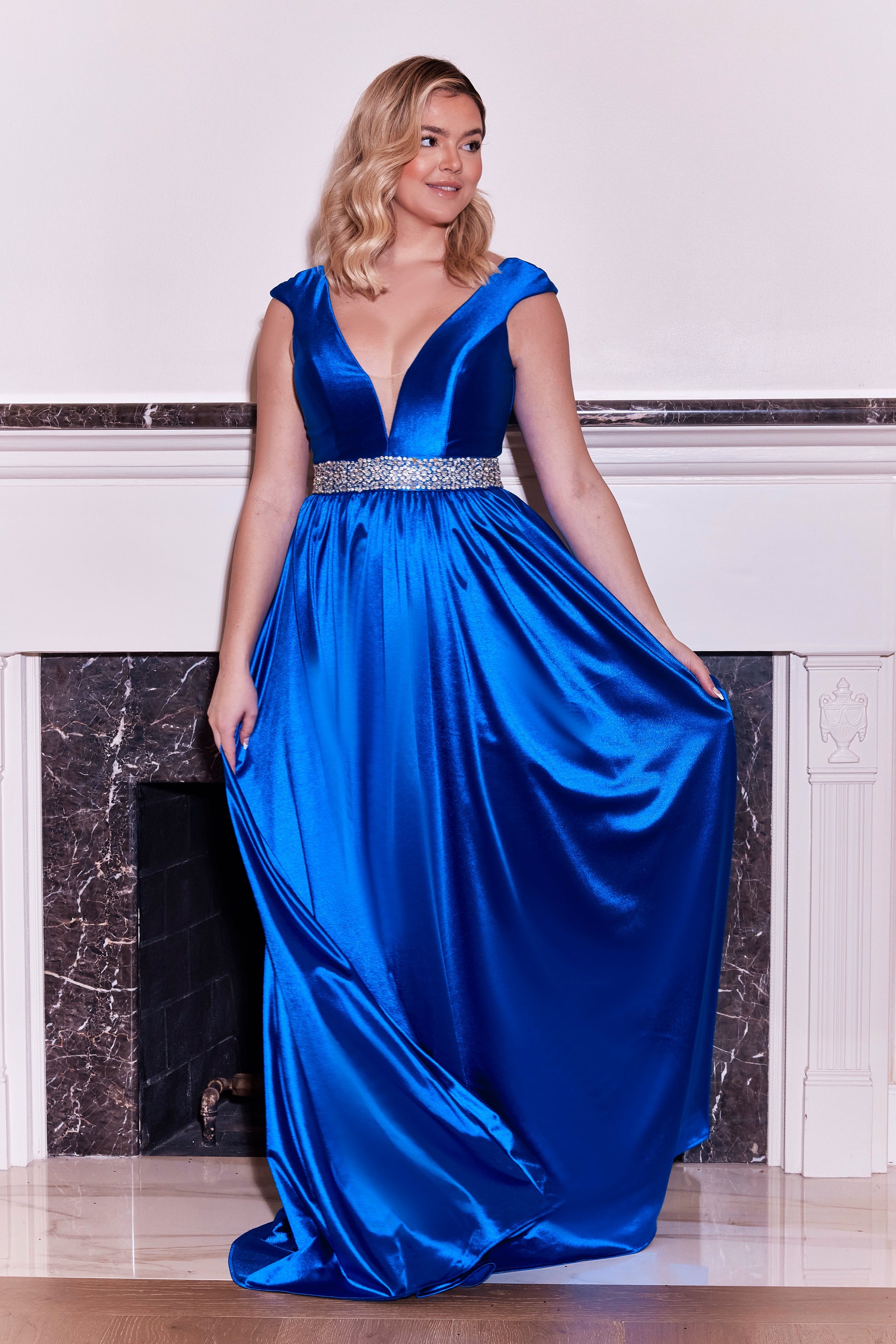 Long Formal Royal Blue Hand Beaded Belt Dress