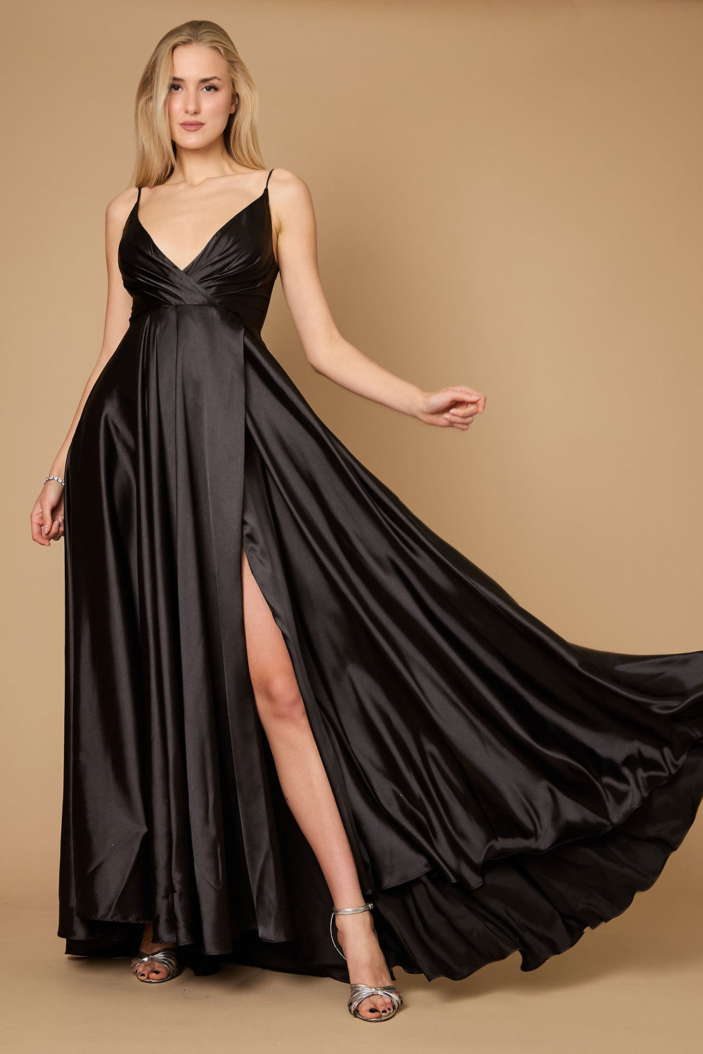 Long Flowy Satin Formal Prom Party Dress