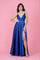 A stunning teal long flowy satin formal prom party dress, featuring elegant draping and a flattering silhouette, perfect for a glamorous evening event.