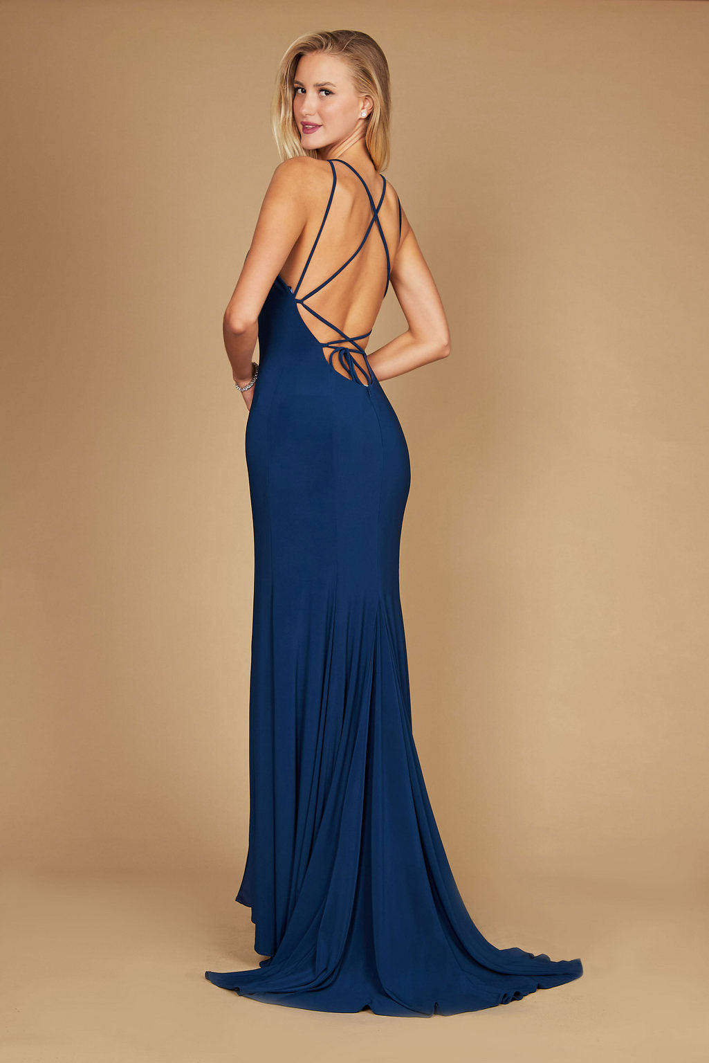 Prom Dresses Long Fitted Open Back Jersey Prom Dress Navy
