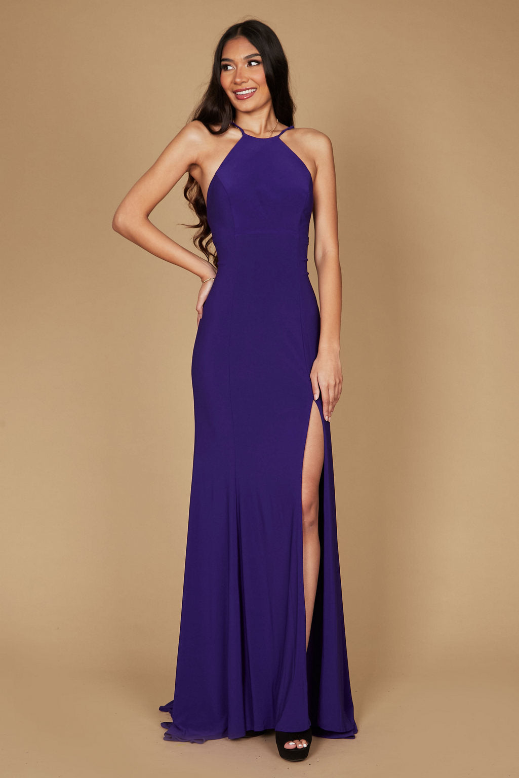 Long Fitted Open Back Jersey Prom Dress - Elegant Full Length Halter Gown for Formal Events Long Fitted Open Back Jersey Prom Dress - Elegant Full Length Halter Gown for Formal Events