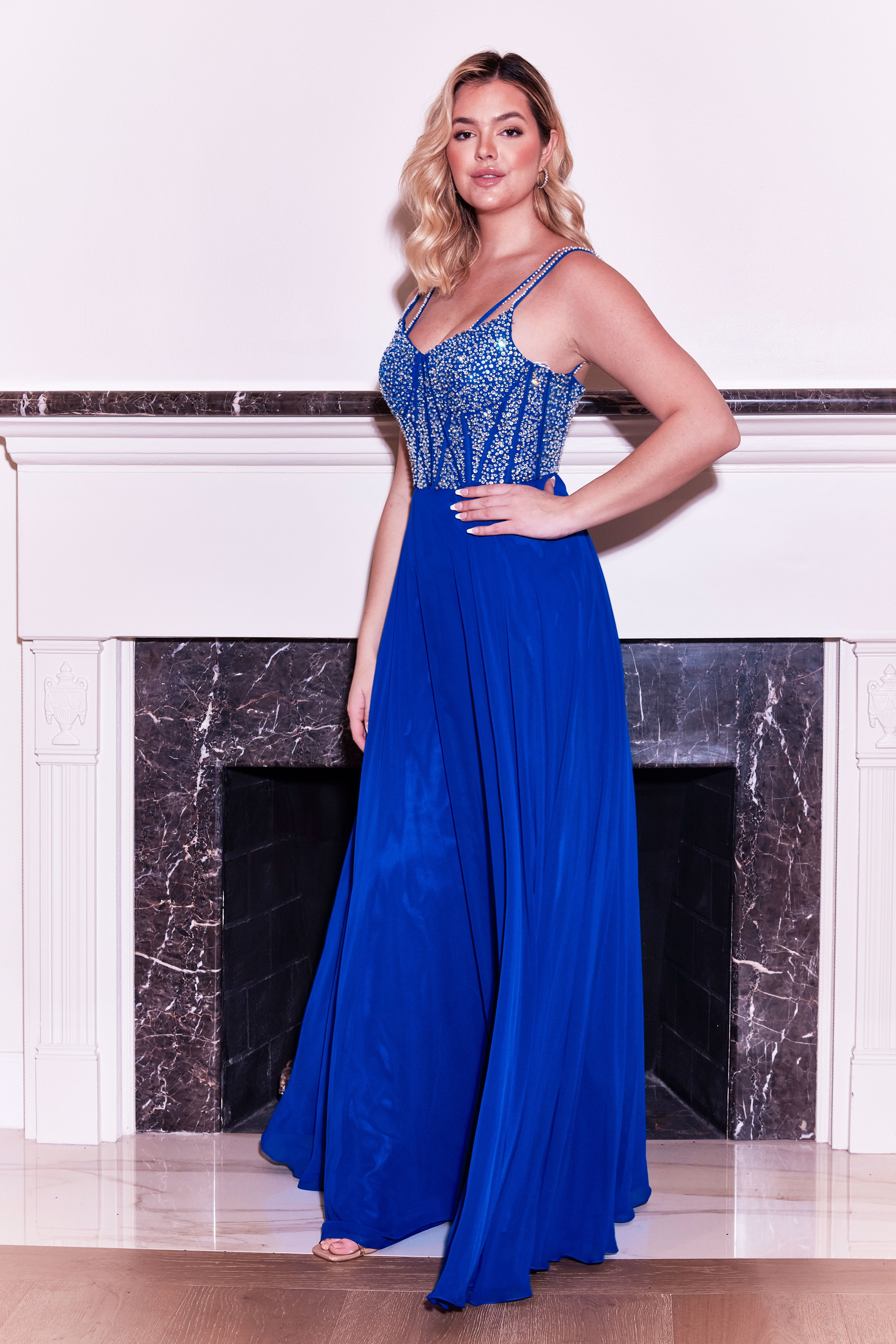Royal Blue Long Formal Royal Blue Hand Beaded Top Dress for $89.0 โ The