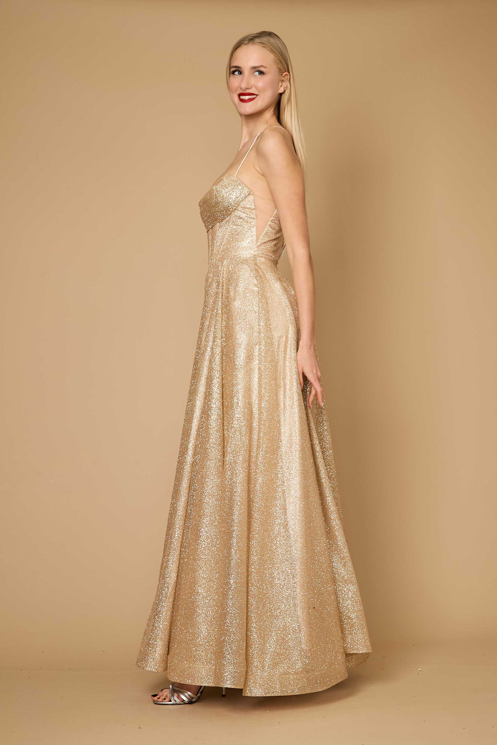 A stunning long gold prom dress featuring a sparkling cowl neckline and a fitted corset bodice, elegantly flowing to the floor.