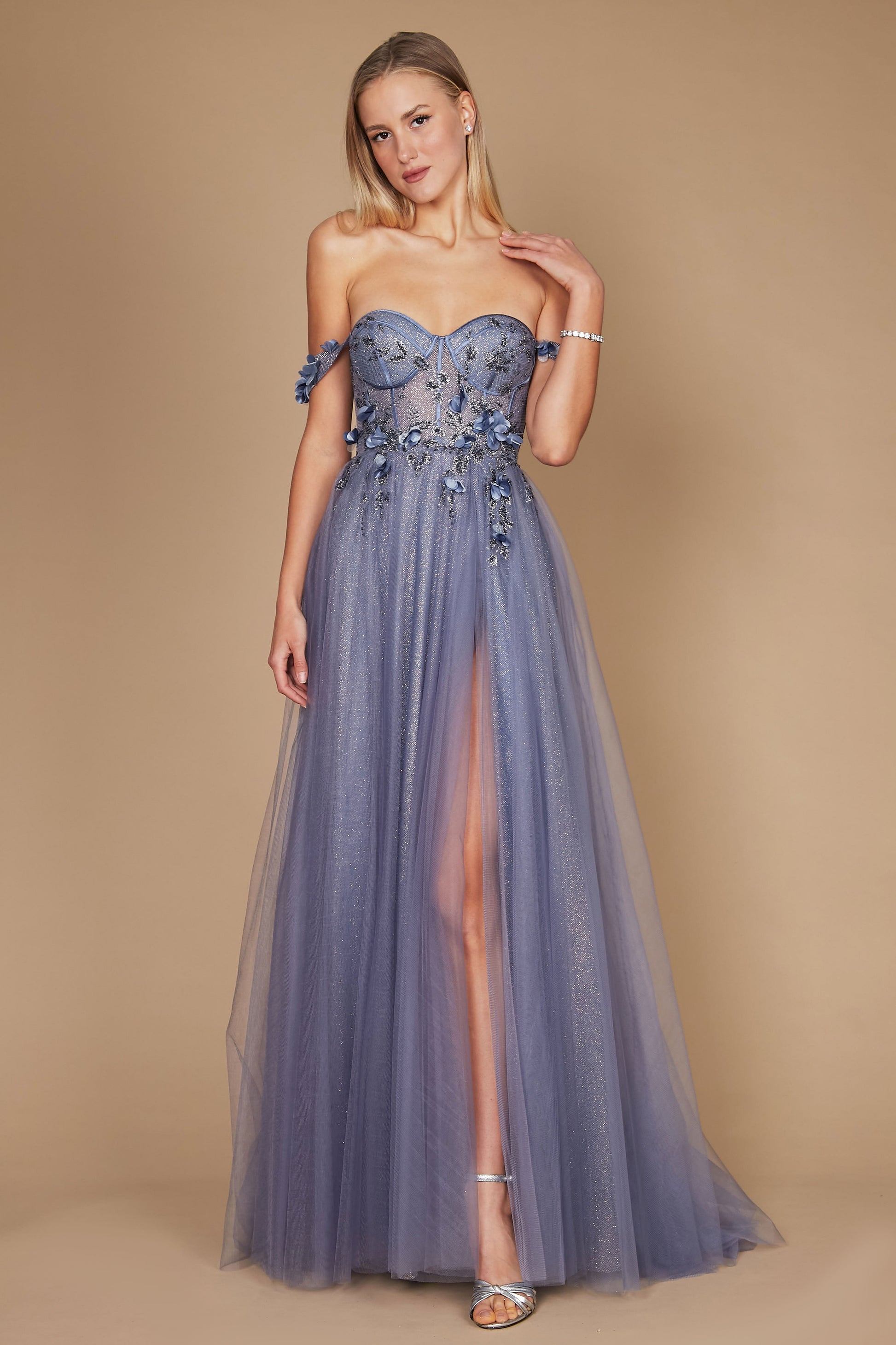 Long Strapless Floral Off Shoulder Formal Prom Dress