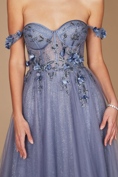 Prom Dresses Long Strapless Floral Off Shoulder Formal Prom Dress Periwinkle Blue