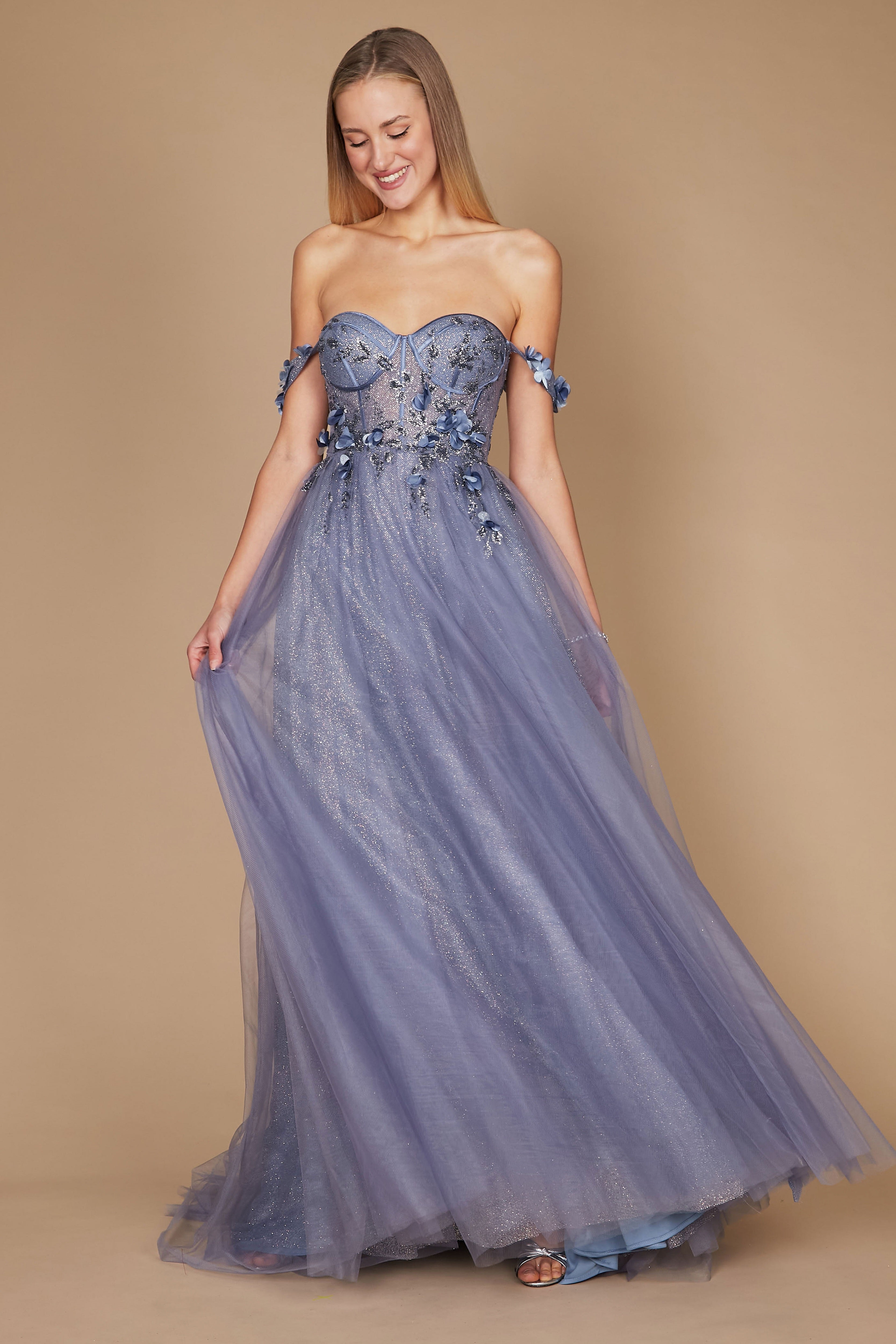 Periwinkle Blue Long Strapless Floral Off Shoulder Formal Prom Dress for 139.99 The Dress Outlet