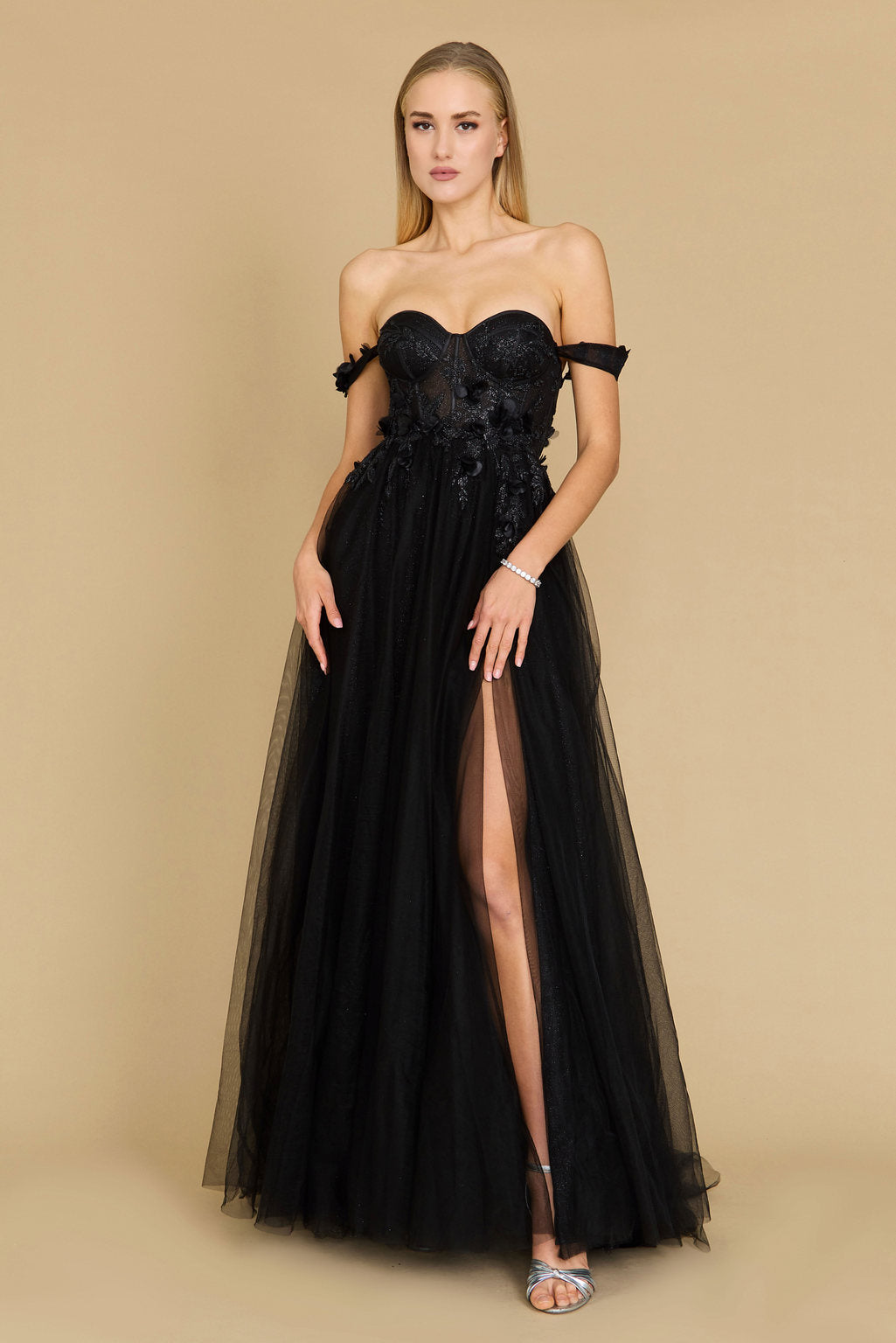 Prom Dresses Long Strapless Floral Off Shoulder Formal Prom Dress Black