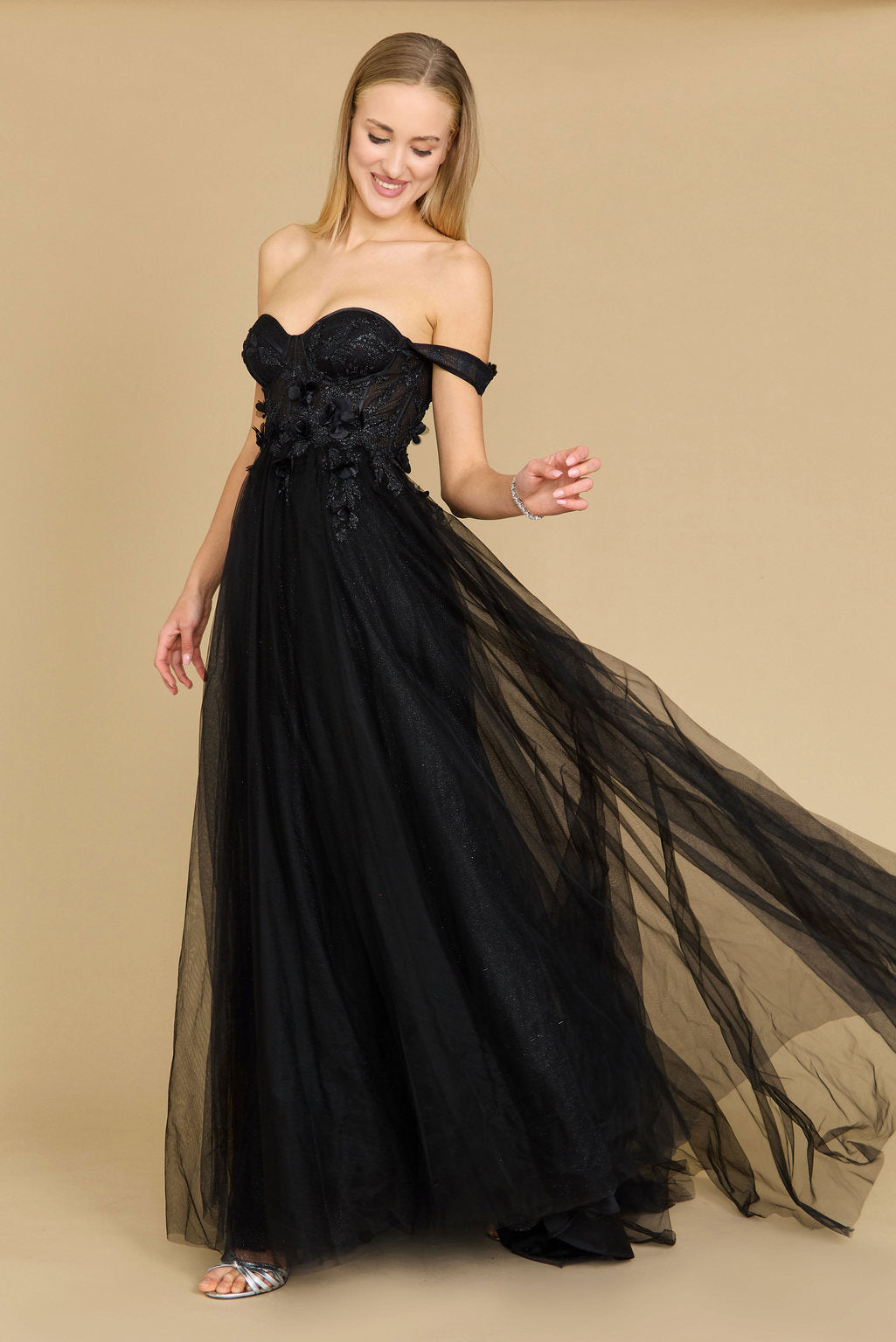 Prom Dresses Long Strapless Floral Off Shoulder Formal Prom Dress Black