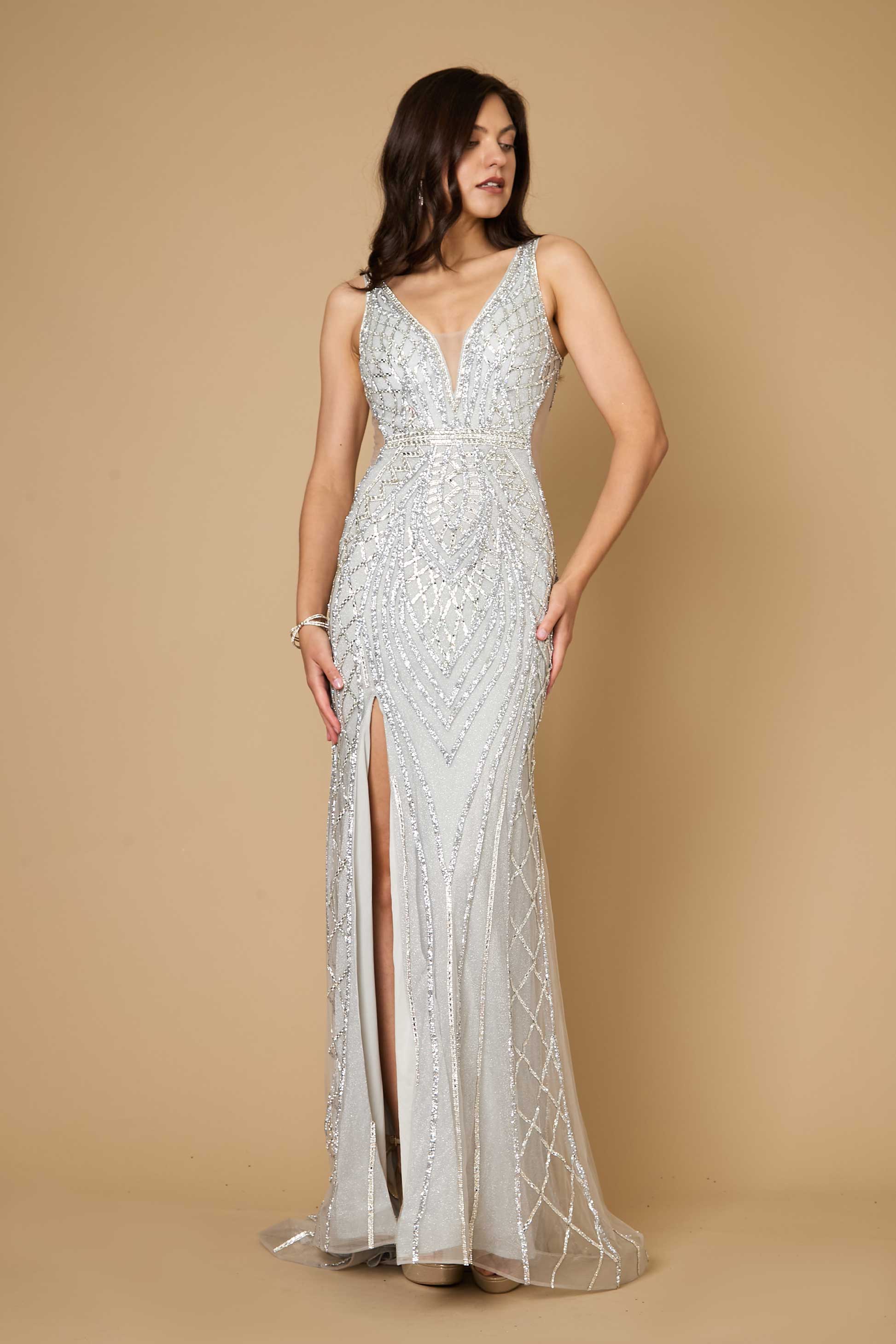 Long Hand Beaded Couture Sequin Formal Dress