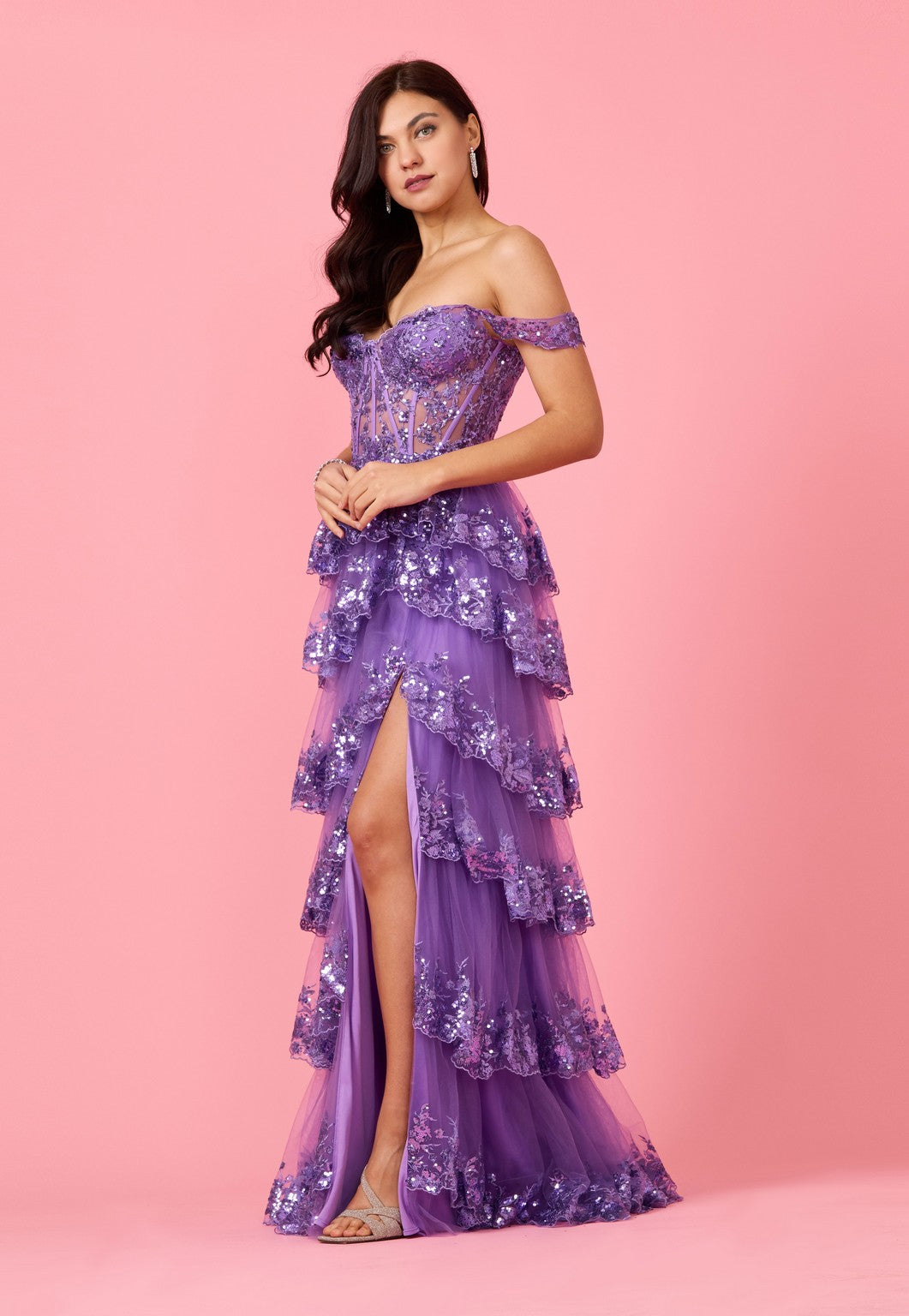 Long Sequin Off Shoulder Sheer Lace Corset Prom Dress