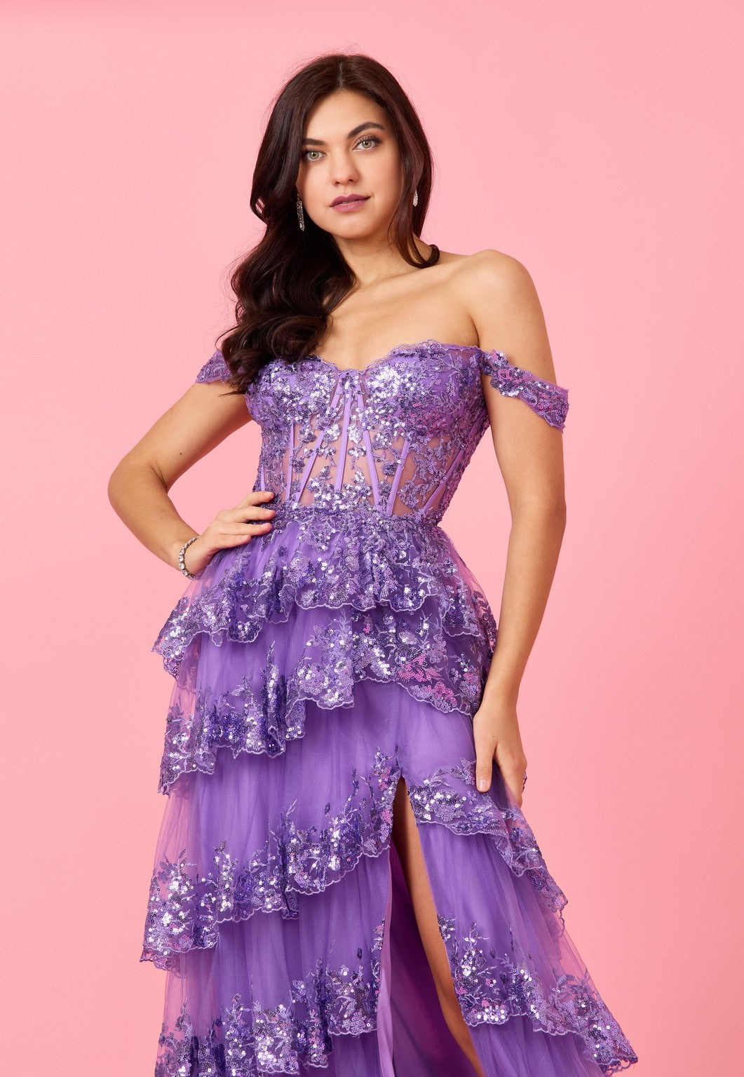 Long Sequin Off Shoulder Sheer Lace Corset Prom Dress
