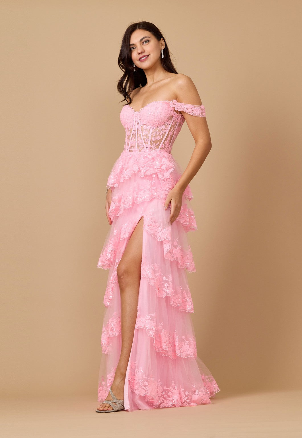 Long Sequin Off Shoulder Sheer Lace Corset Prom Dress