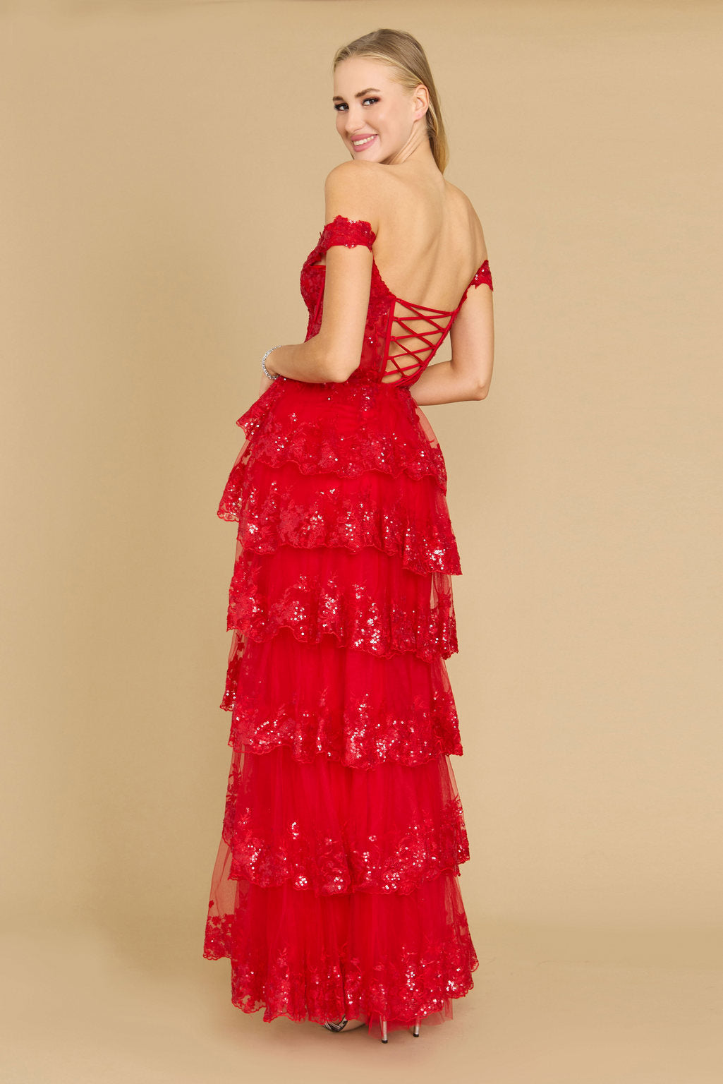 Long Sequin Off Shoulder Sheer Lace Corset Prom Dress