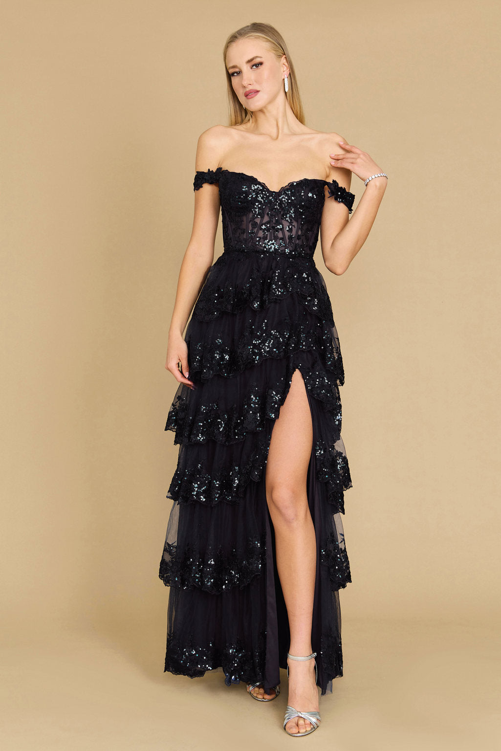Formal Dresses Long Sequin Sheer Corset Prom Dress Black