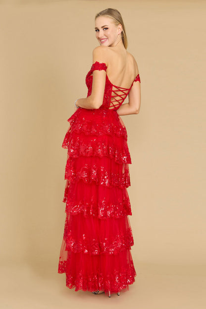 Formal Dresses Long Sequin Sheer Corset Prom Dress Red
